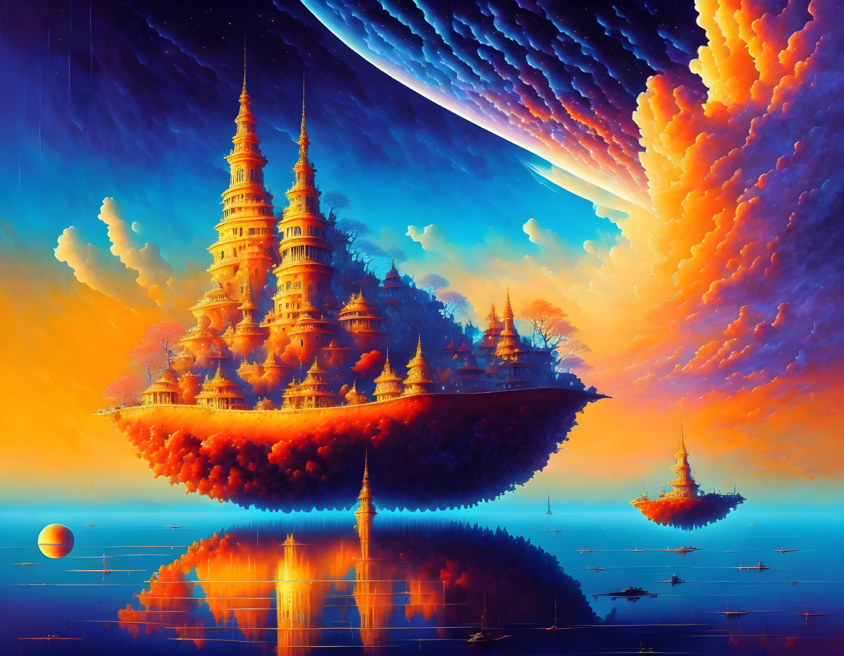 Colorful fantasy landscape with floating islands and golden pagodas