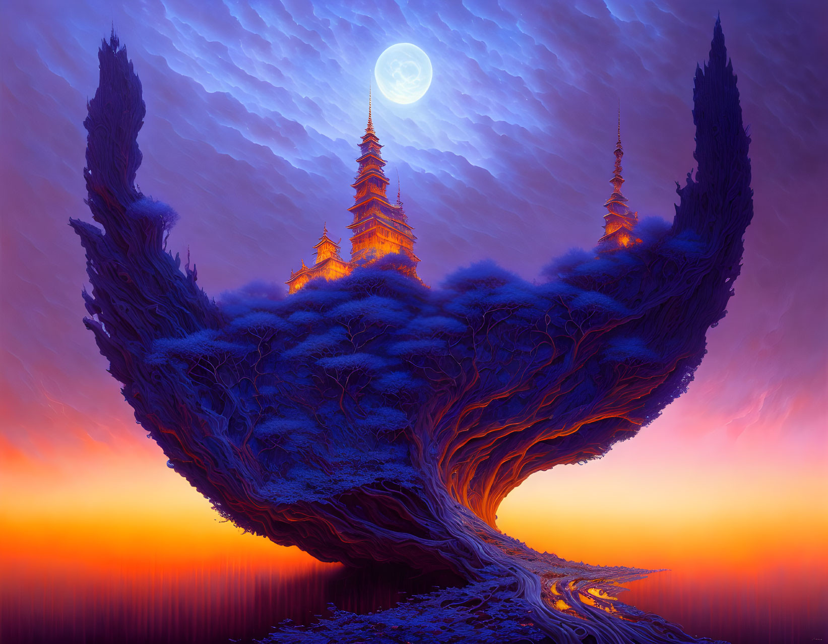 Temple-topped tree structure under vibrant sunset and full moon