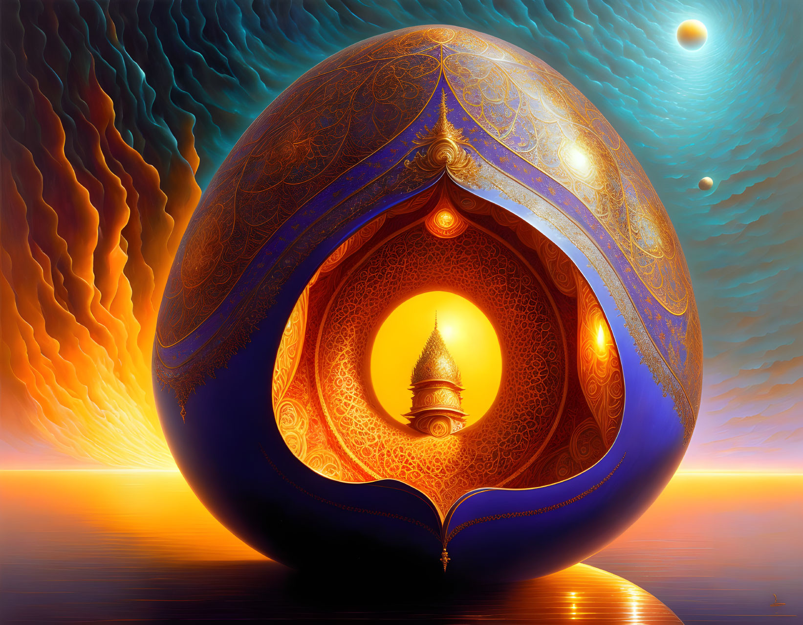 Egg-shaped structure with blue and gold patterns under surreal oceanic sunset.