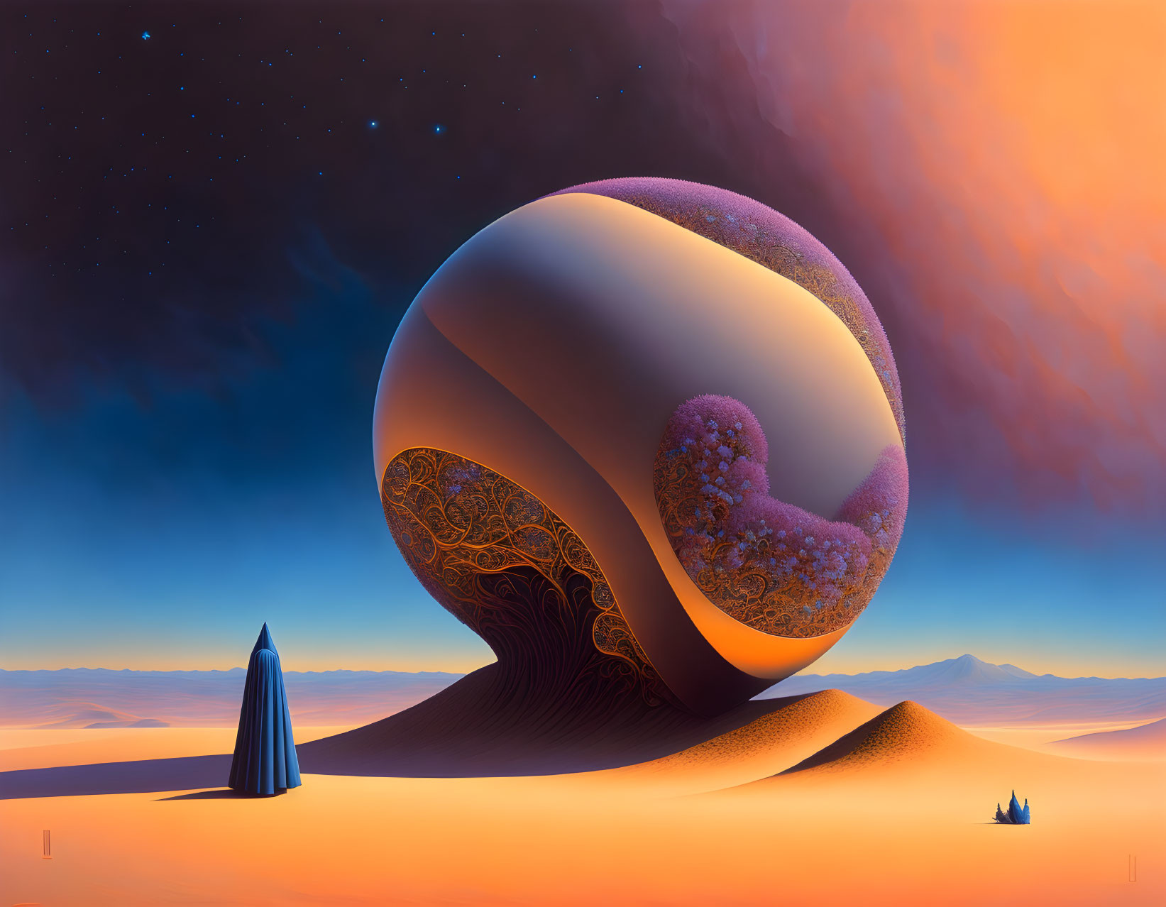 Fractal Textured Sphere in Surreal Desert Landscape at Dusk