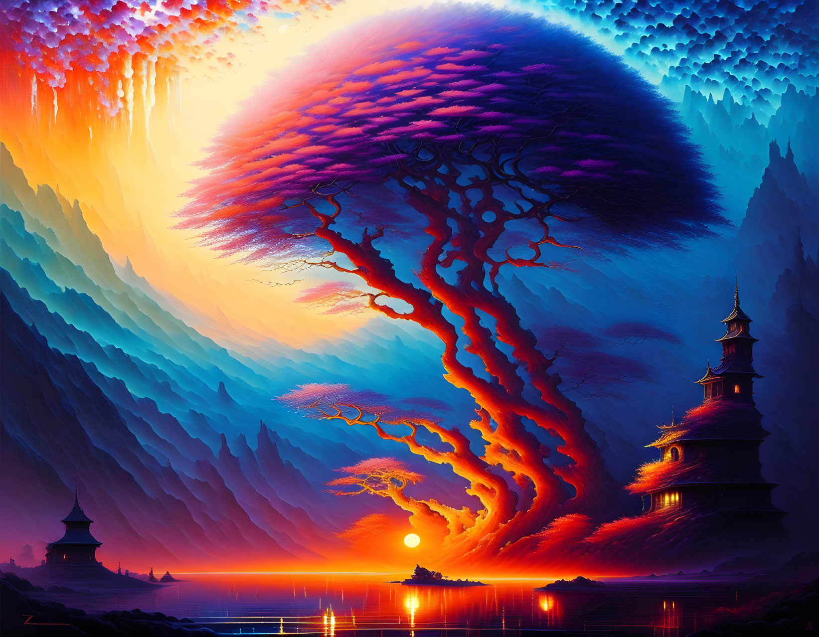 Digital artwork: Fiery tree form, Asian pagodas, serene lake at sunset