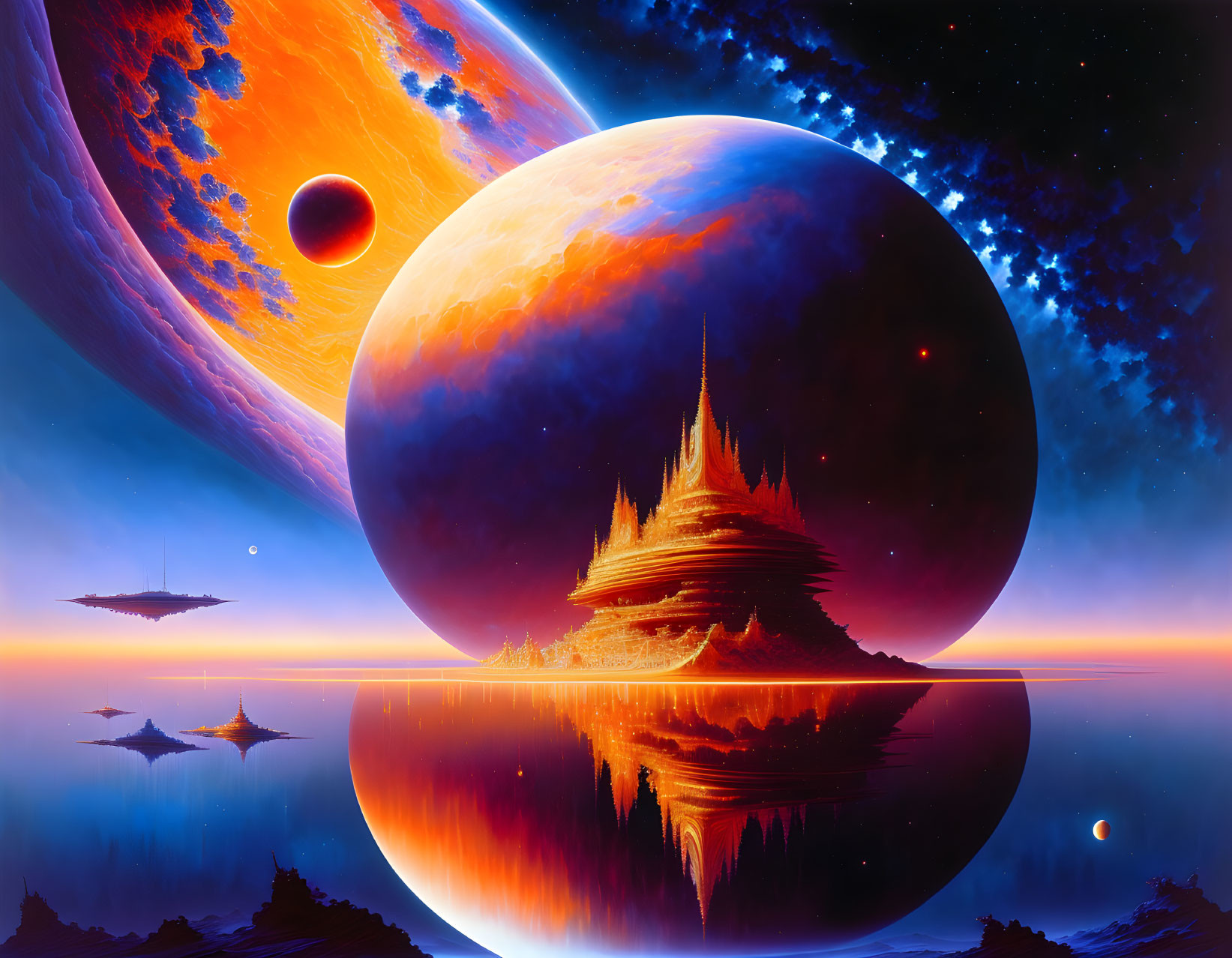 Futuristic sci-fi landscape with celestial bodies, futuristic structure, spaceships, and reflective water.