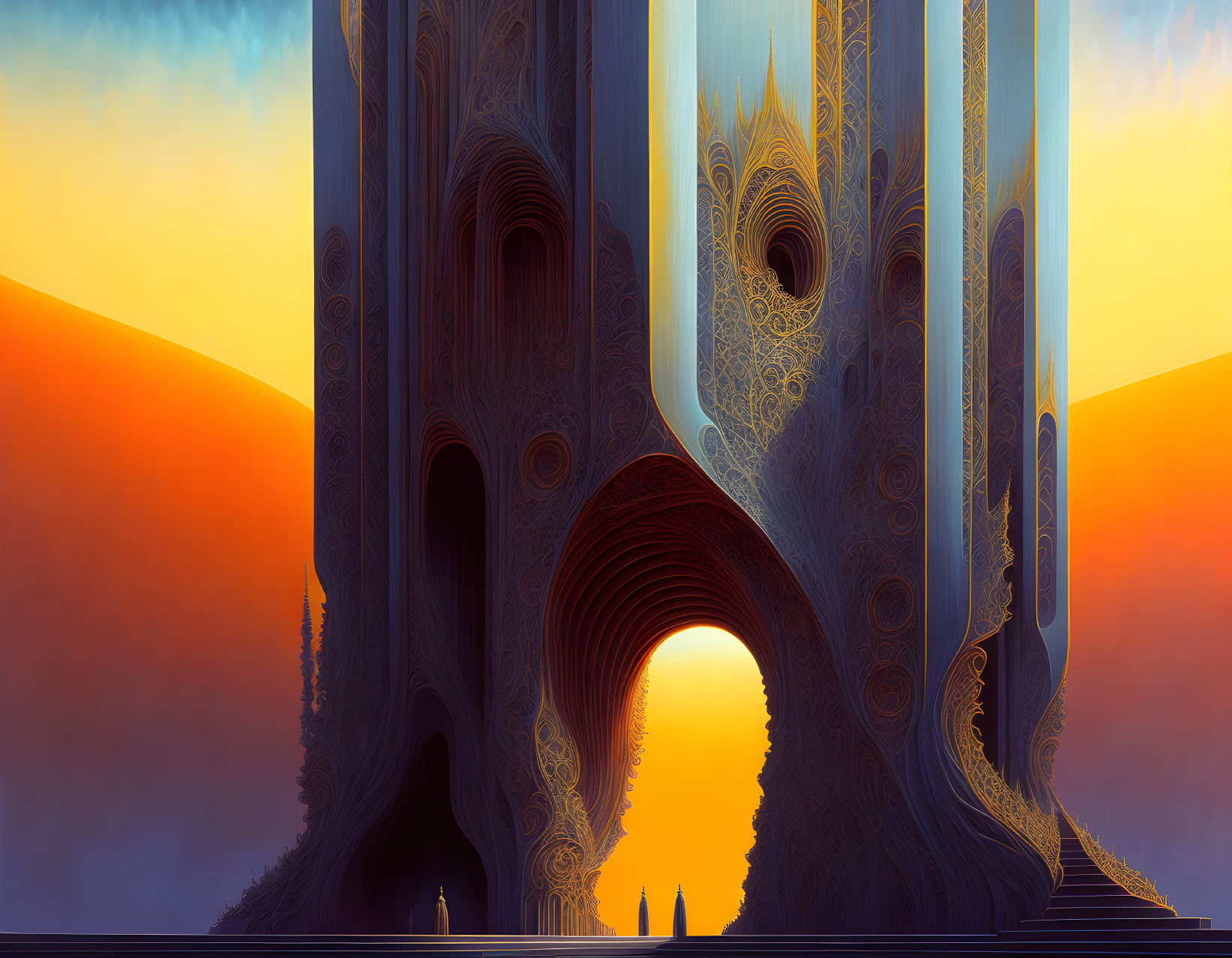 Surreal digital artwork: ornate structure with arches, fractal patterns, figures by entrance