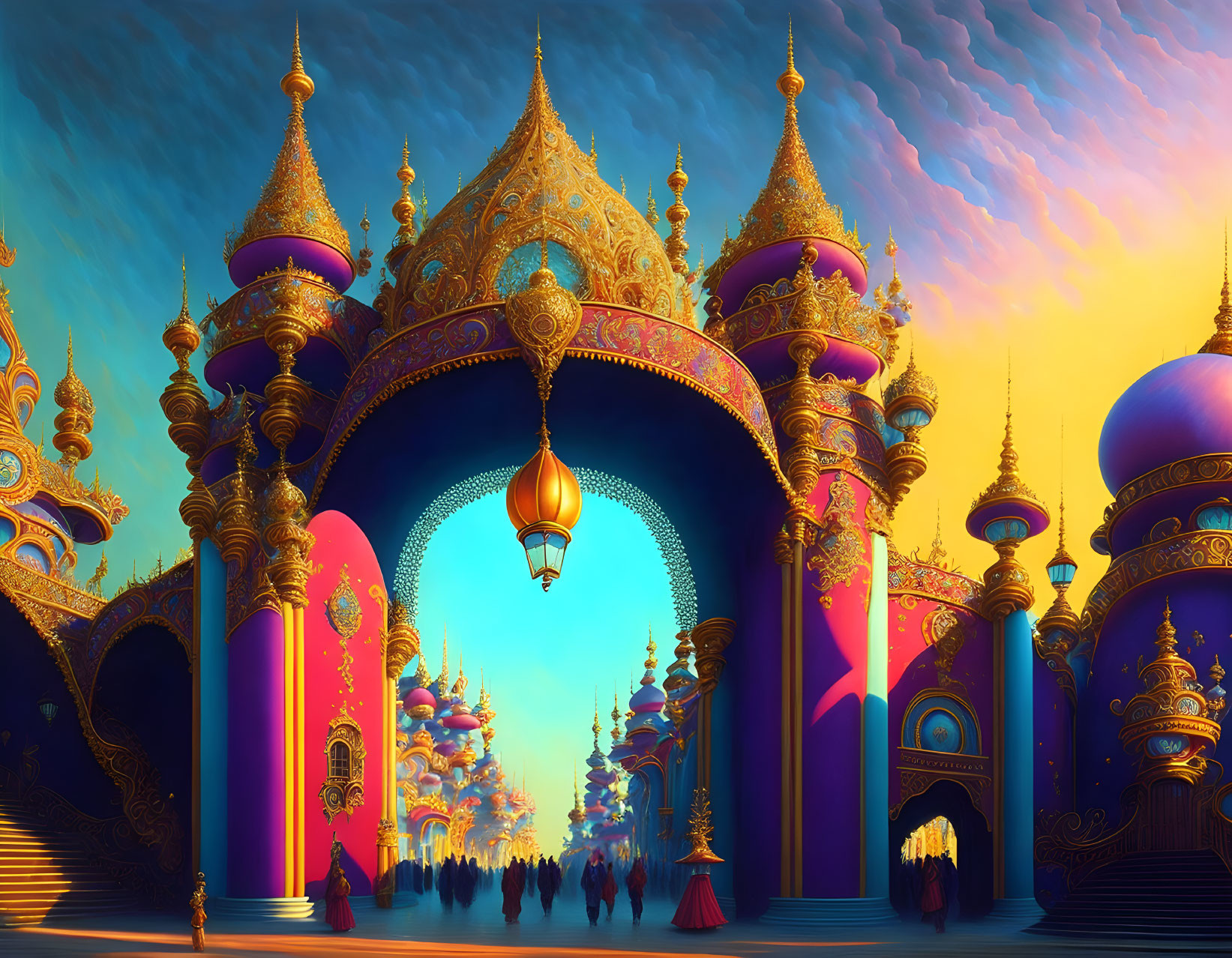 Fantastical cityscape with golden domes and floating lanterns