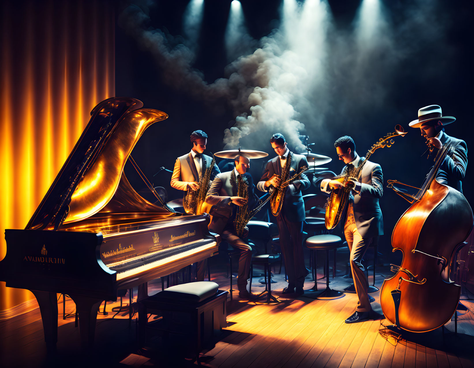 Live jazz band performance with saxophone, double bass, piano, dramatic lighting, and smoke