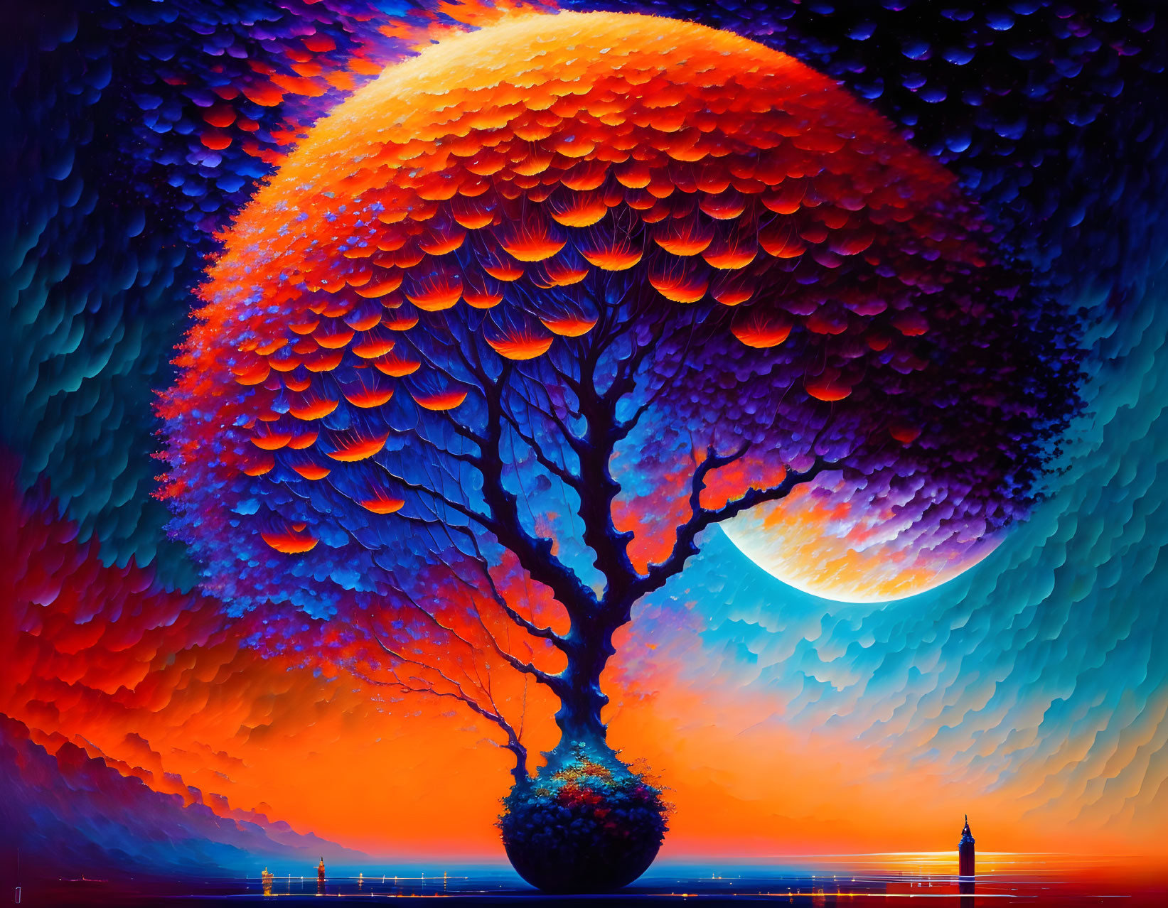 Surreal painting of fiery tree under orange and blue sky