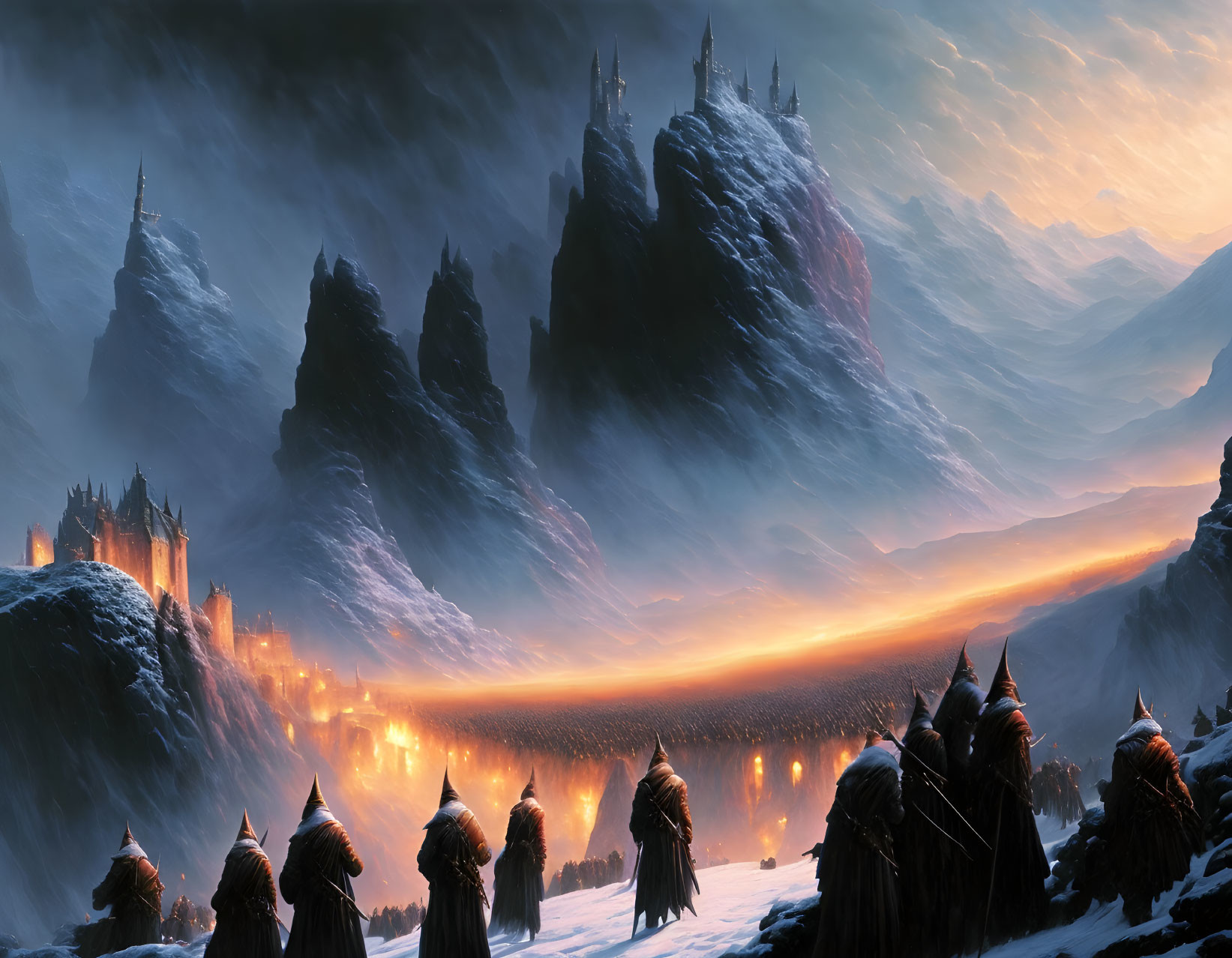 Snowy Dusk Landscape: Castles, Mountains, Torchlit Procession