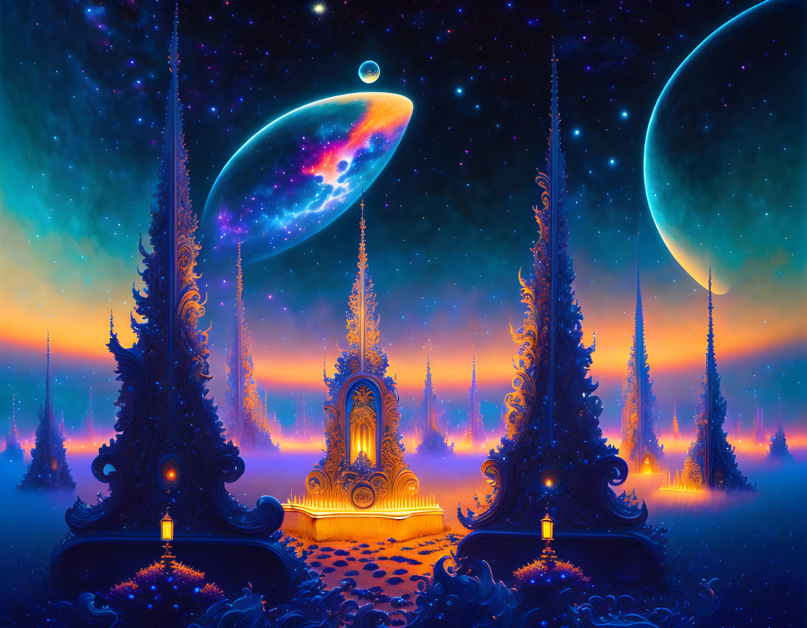 Colorful fantasy landscape with glowing structures and alien trees under a starry sky.