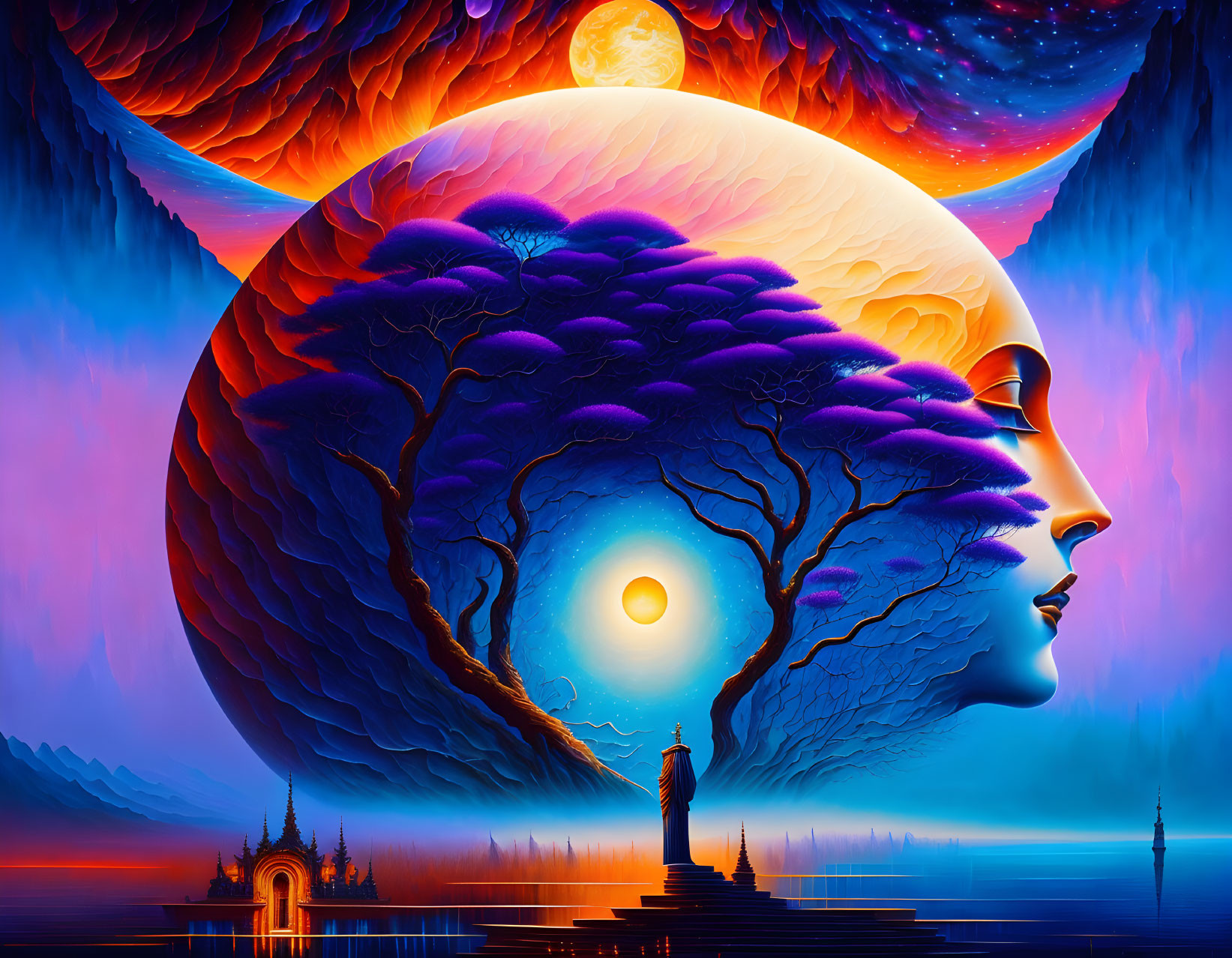 Digital artwork: Woman's profile merged with tree on cosmic backdrop