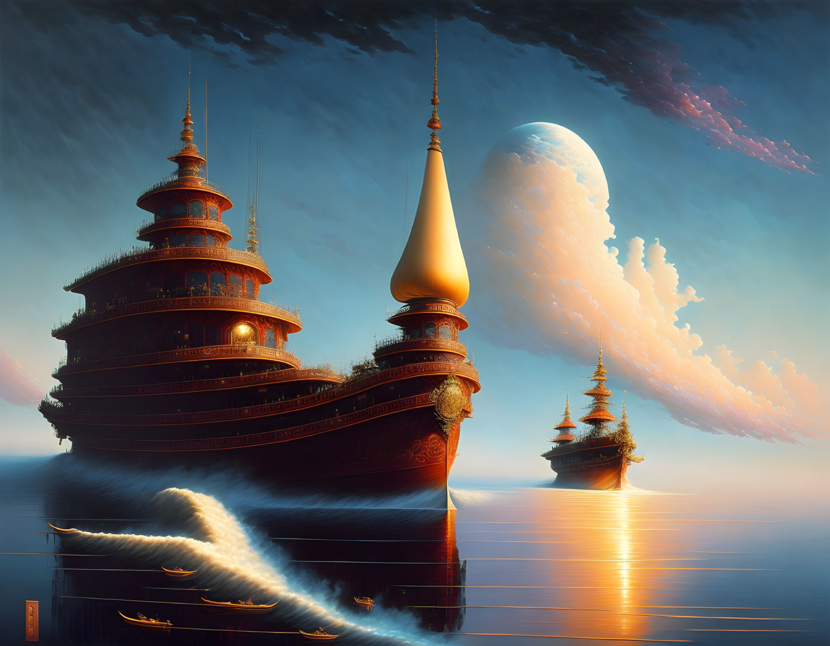 Ancient-style ships on serene sea with moon and sunset sky