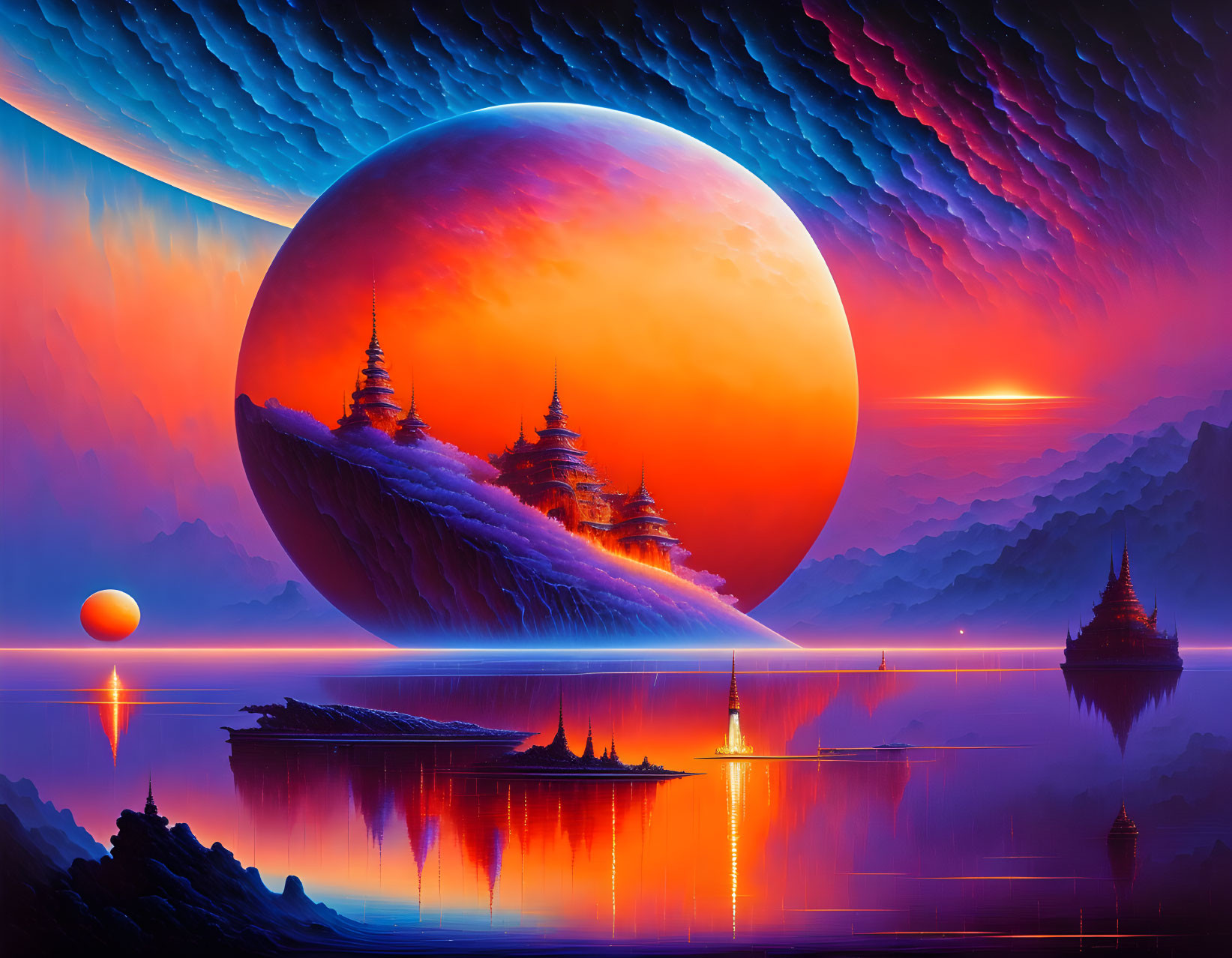 Large planets, Asian-style building, water reflection, wavy sky in vivid sci-fi landscape