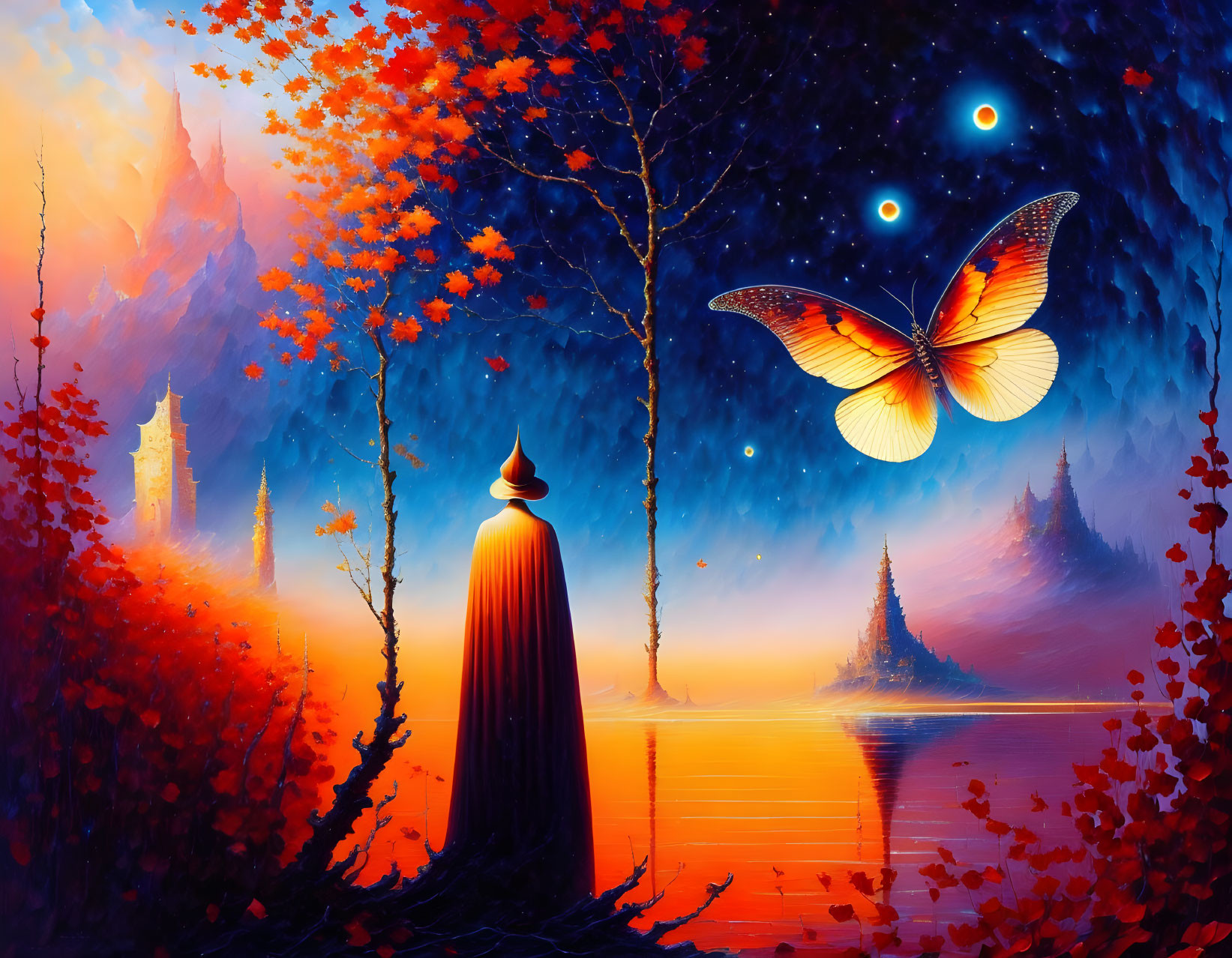 Mystical landscape with robed figure by reflective lake, autumn trees, starry sky, butterfly