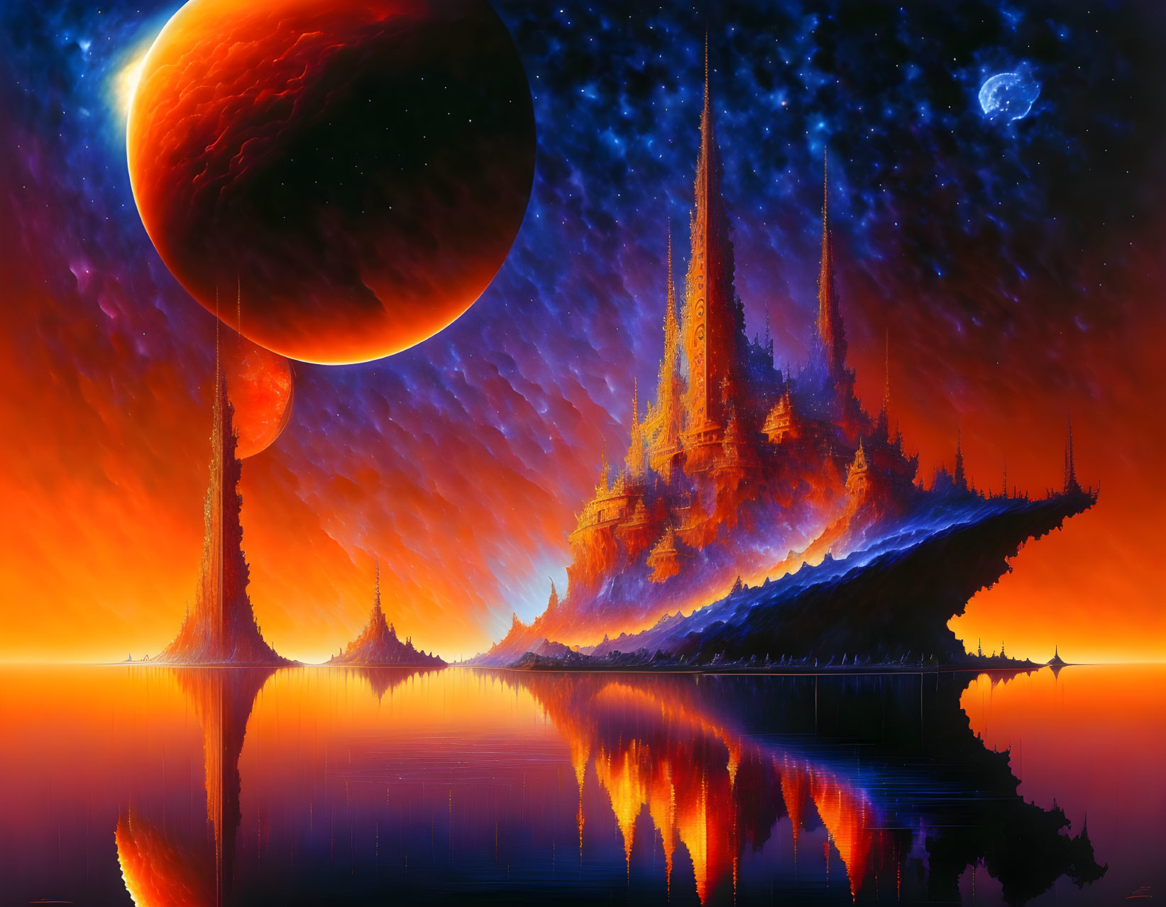 Fantastical landscape with fiery skies, towering spires, and large planet.