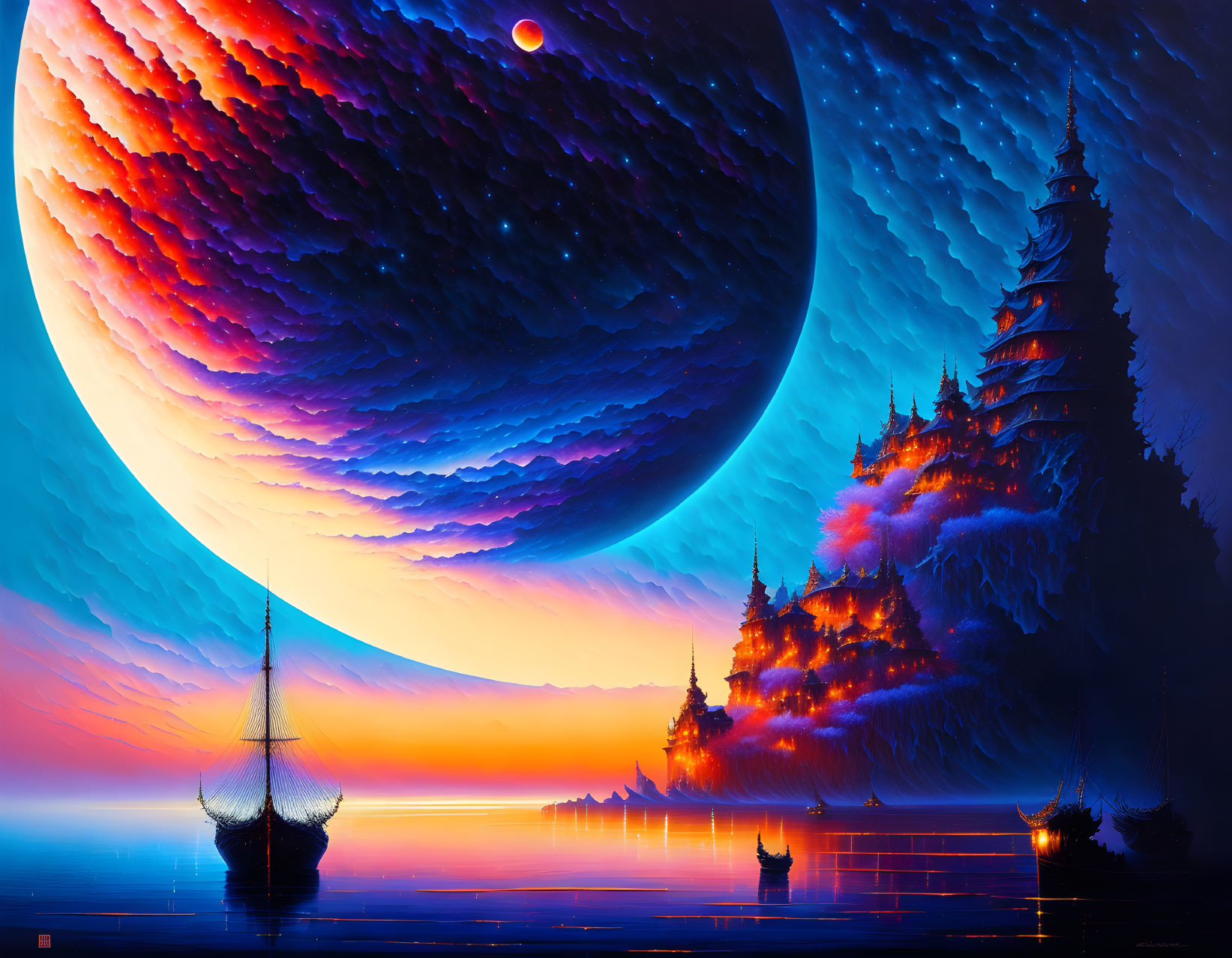 Colorful artwork of sailing ship, snowy trees, temples, giant planet, and moon at dusk