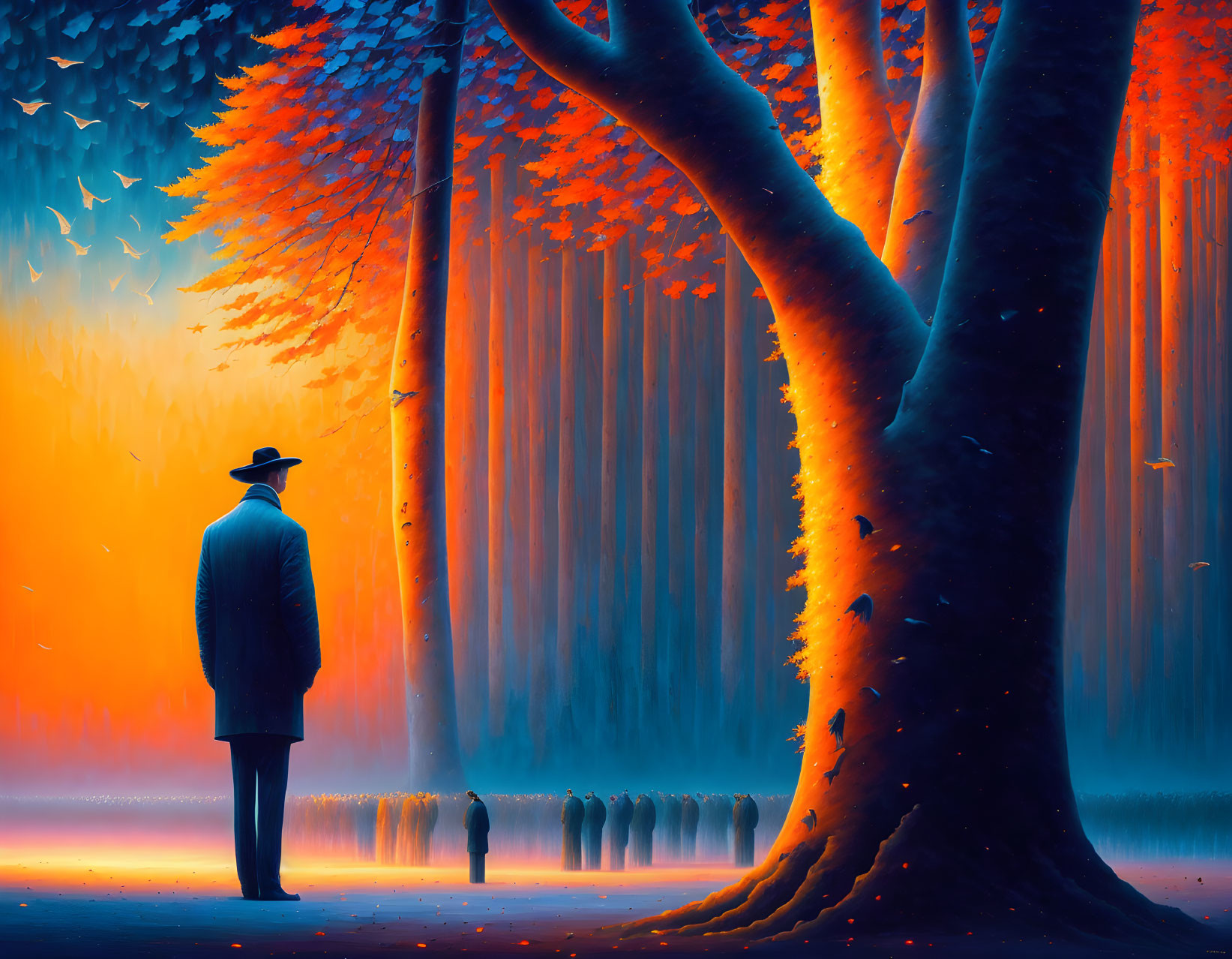 Man in Hat Silhouette in Vibrant Autumn Forest with Blue Light