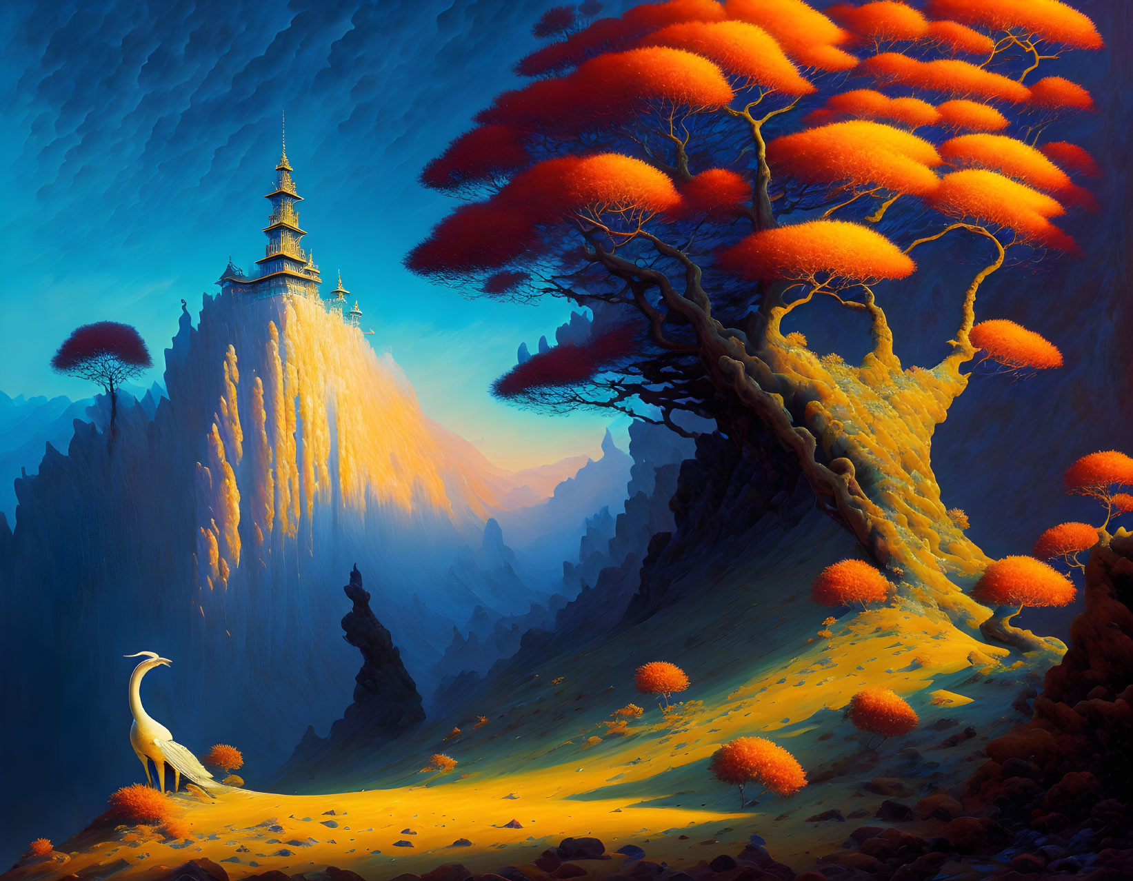 Colorful fantasy landscape with white peacock, towering tree, orange foliage, cliff, and distant castle