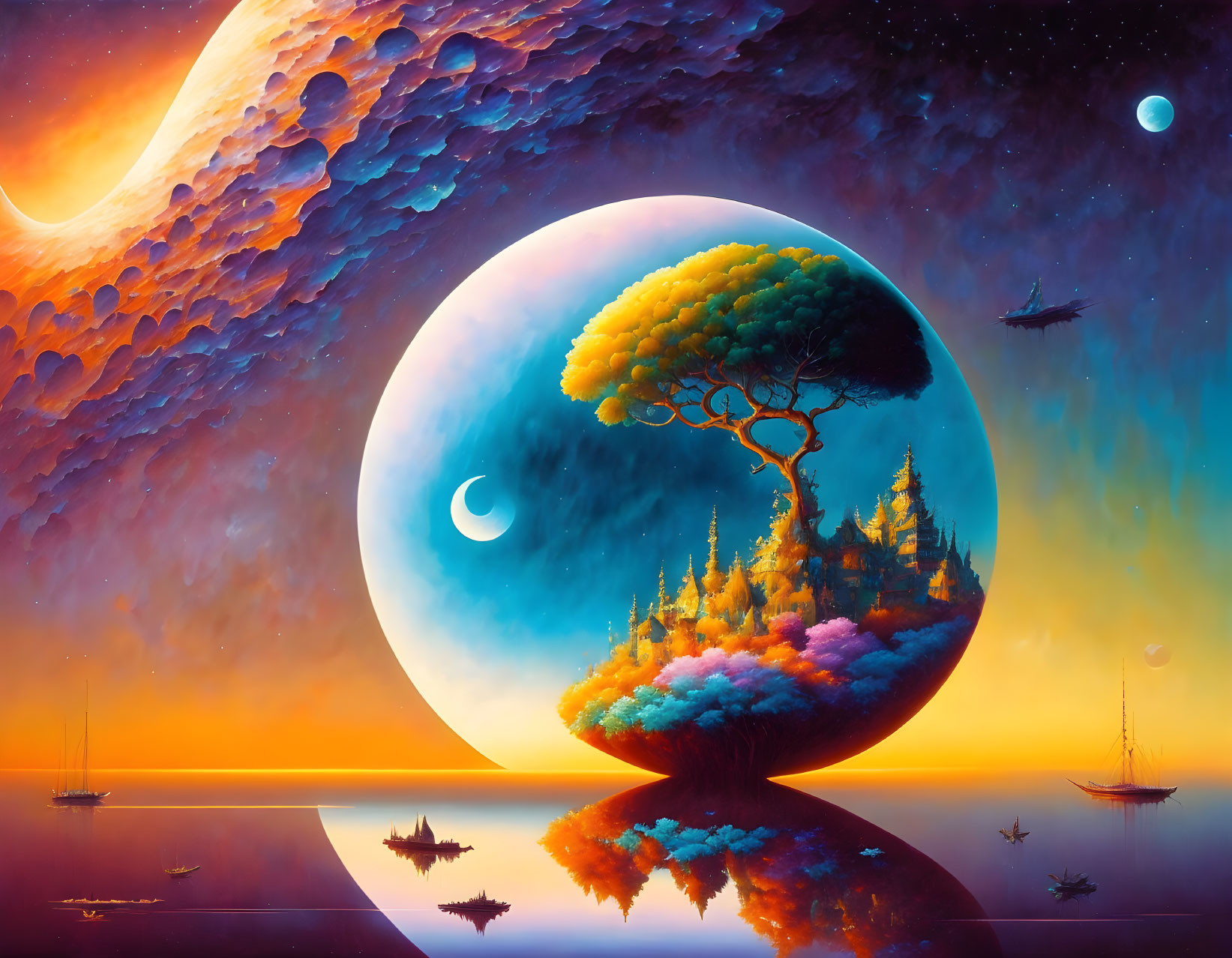 Fantastical landscape with spherical object, tree, forest, planets, stars, and serene water