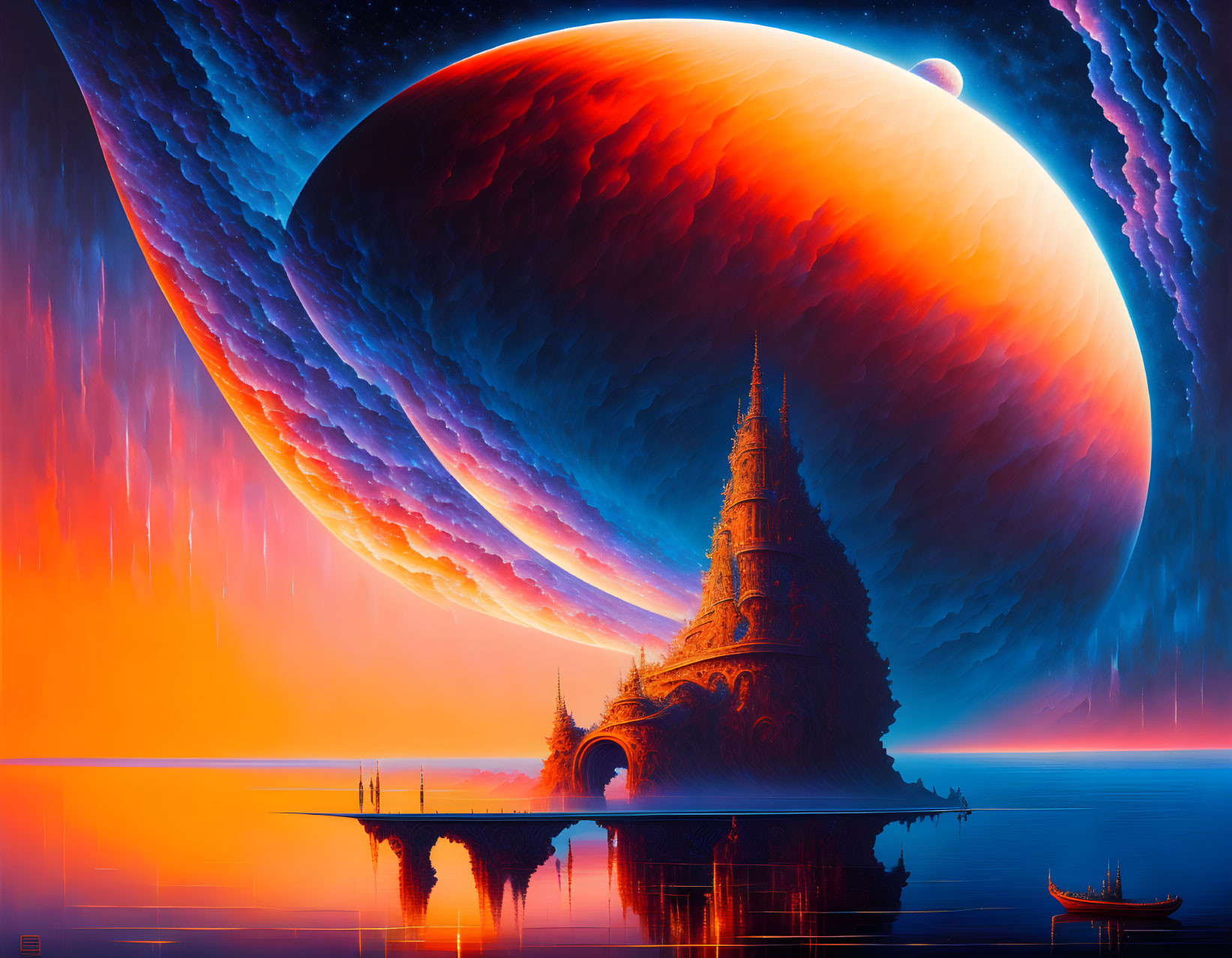 Fantastical landscape with large castle on island and gigantic planet in vivid sky