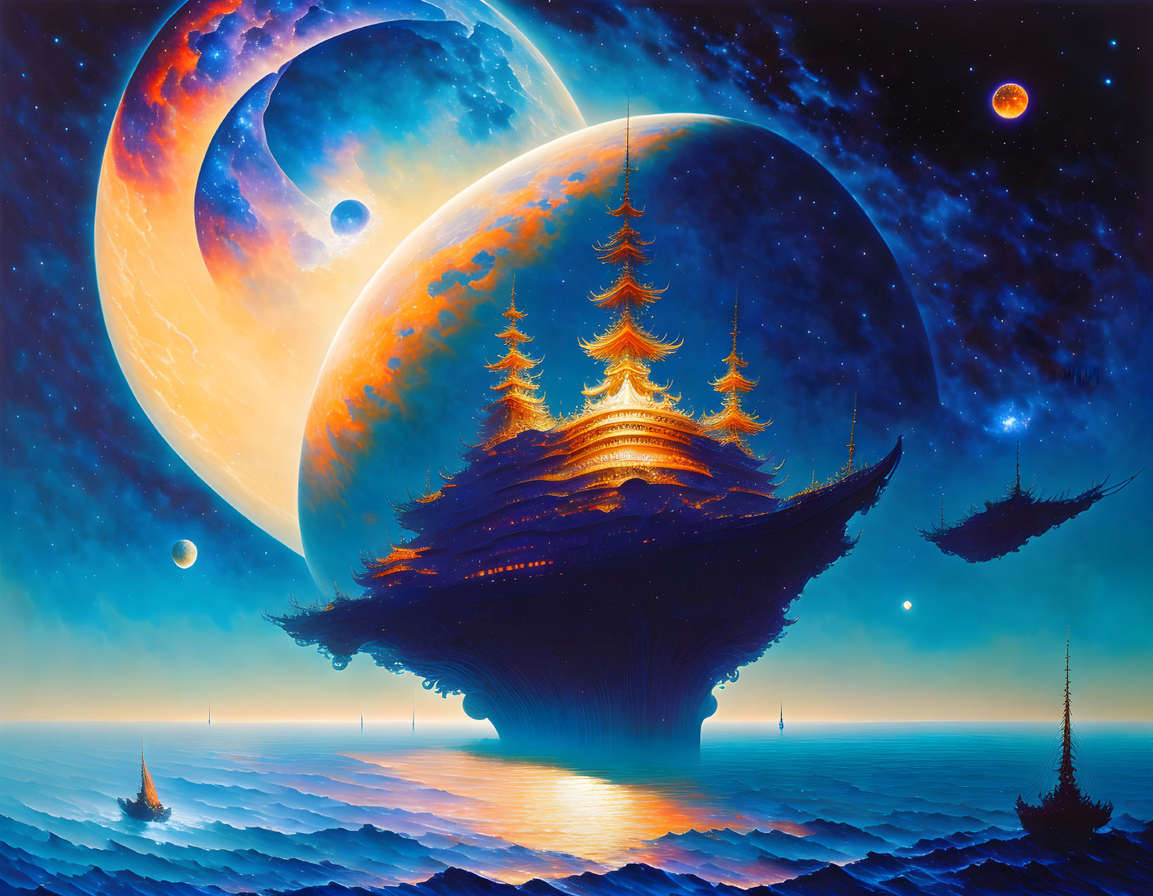 Fantastical cosmic scene: ships as islands in starry sky with trees, pagodas,