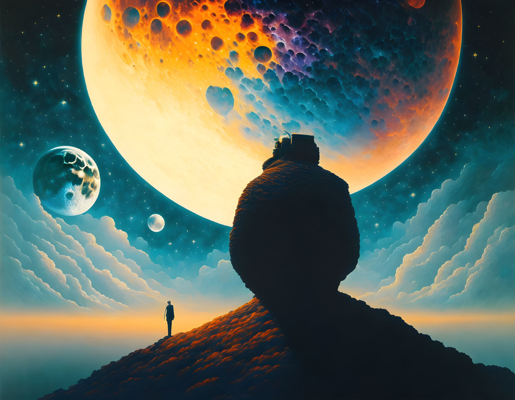 Person standing on hill under surreal sky with giant moon and colorful planets.