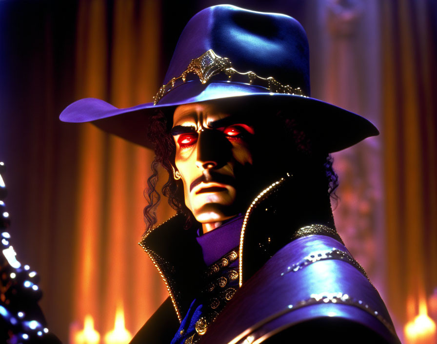 Dramatic character in large blue hat and regal jacket with glowing red eyes on candlelit backdrop