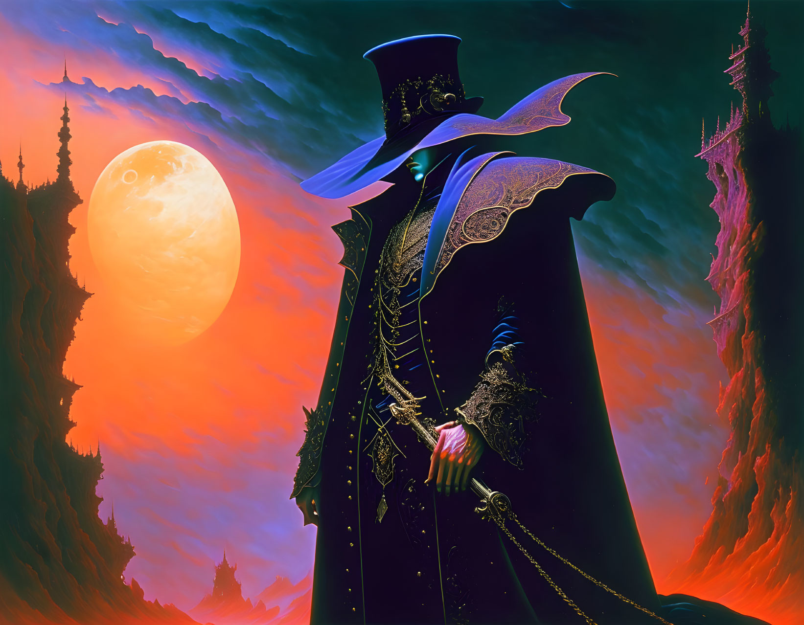 Mysterious Figure in Dark Cape and Wide-Brimmed Hat on Moonlit Background