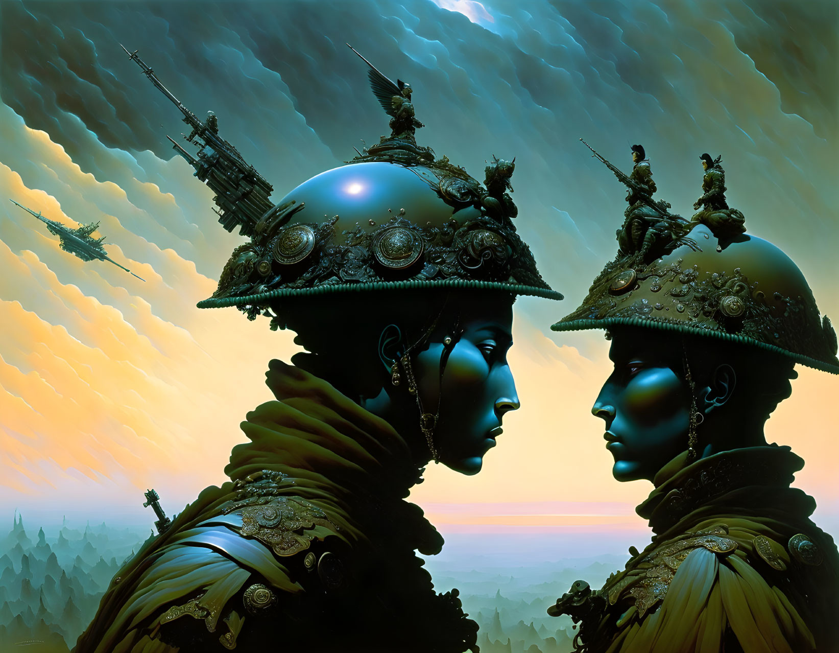 Ornately Armored Figures Under Twilight Sky with Airships