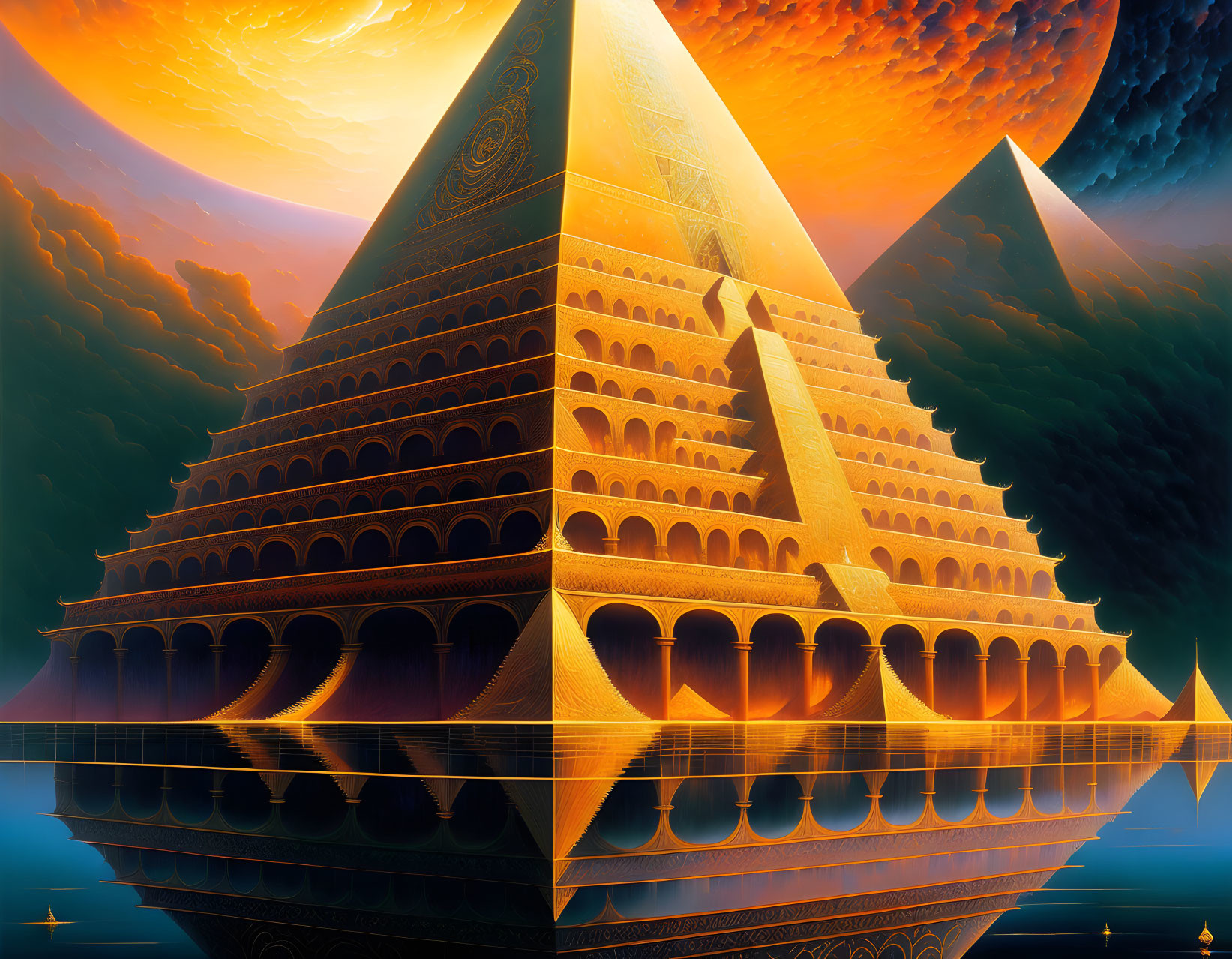 Surreal pyramid structures with staircase and intricate designs under orange sky reflected on water surface