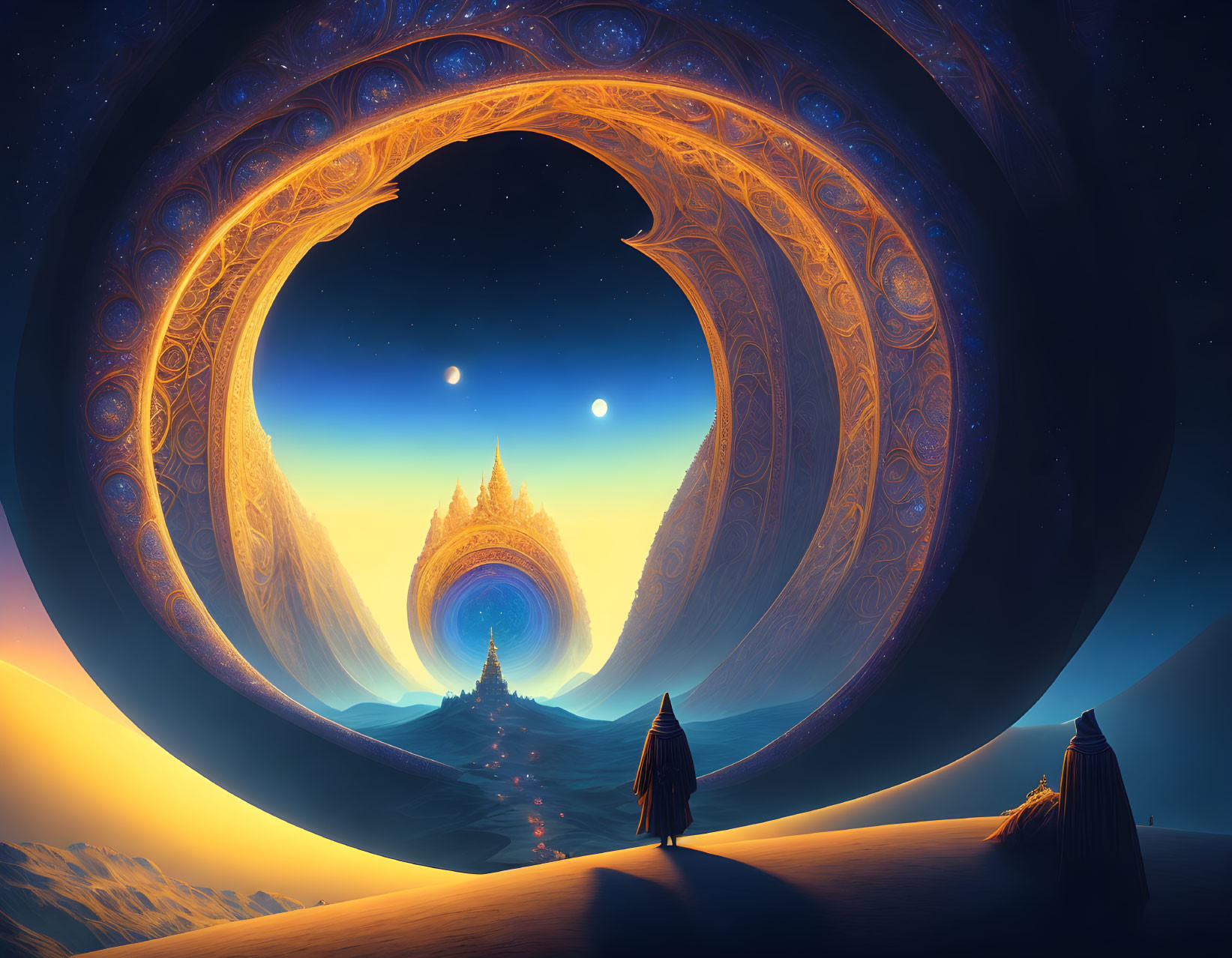 Fantastical landscape with ornate circular gateway and glowing temple at twilight