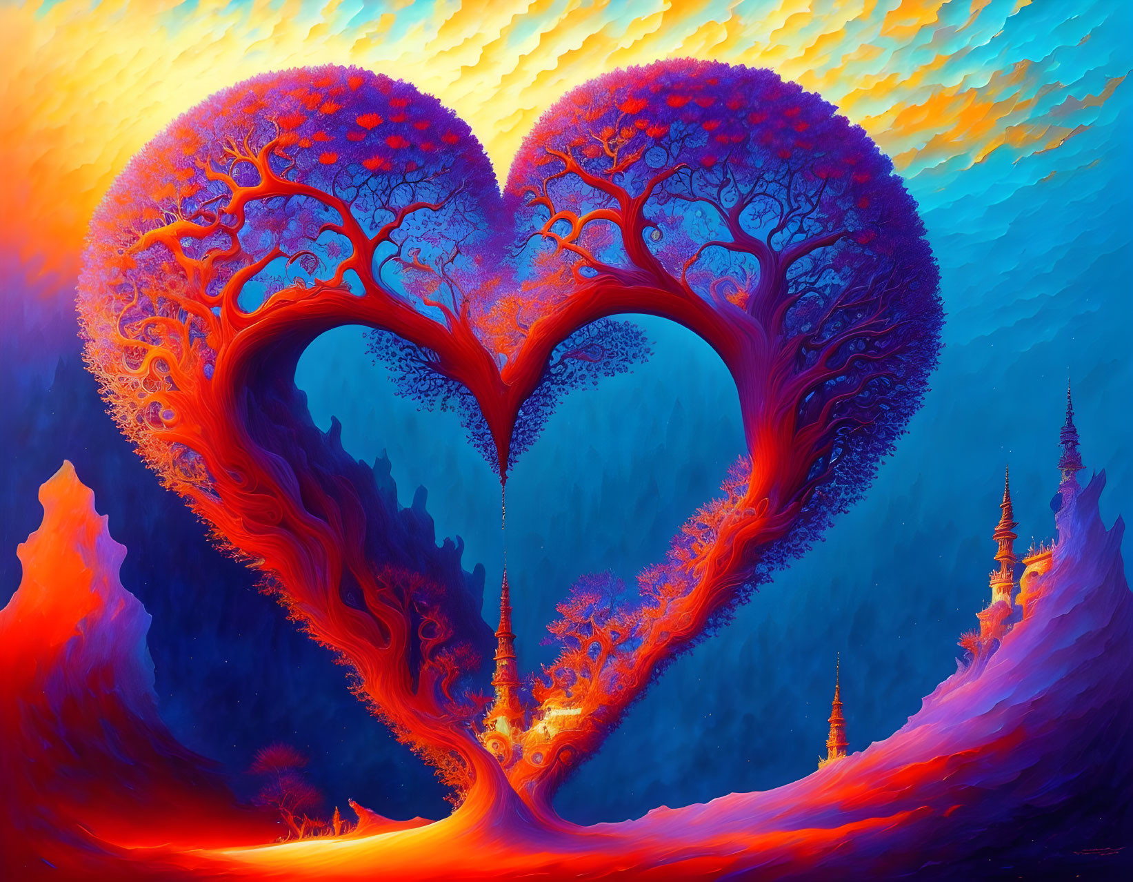 Colorful artwork of intertwined trees forming heart shape with towers on blue and orange sky backdrop