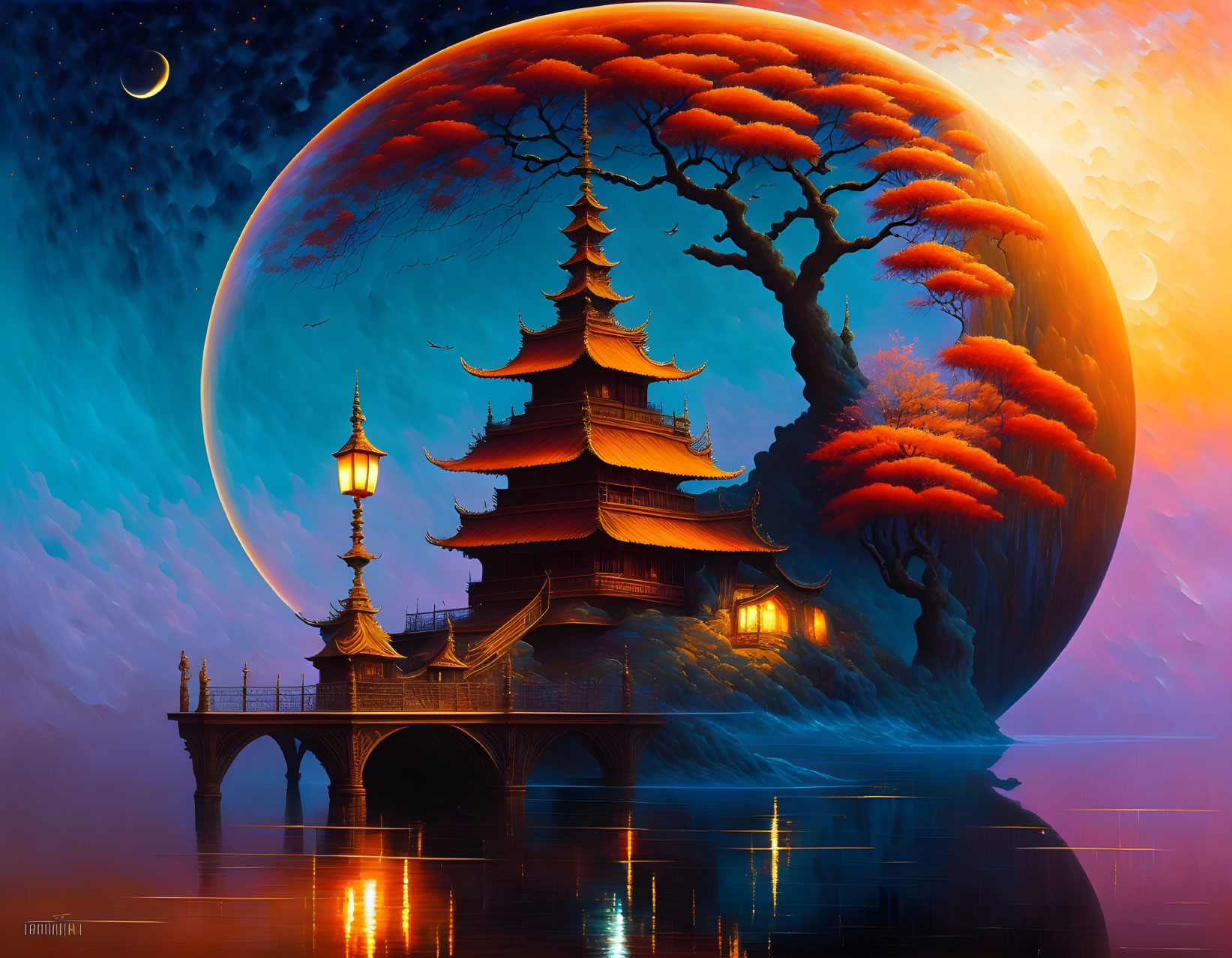 Stylized digital artwork of multi-tiered pagoda by calm lake