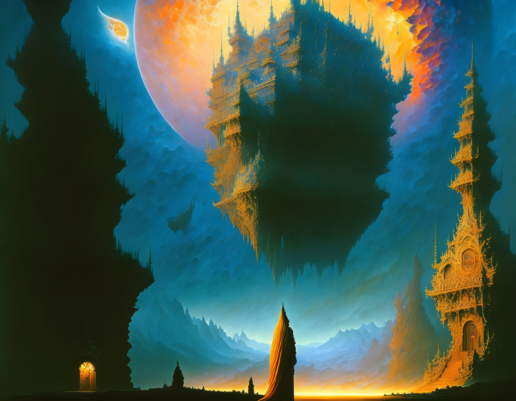 Person at tent entrance in fantastical landscape with towering spire and celestial body