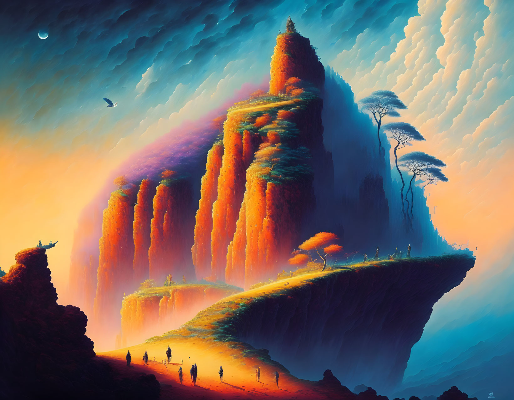 Surreal landscape with towering orange cliffs and crescent moon.