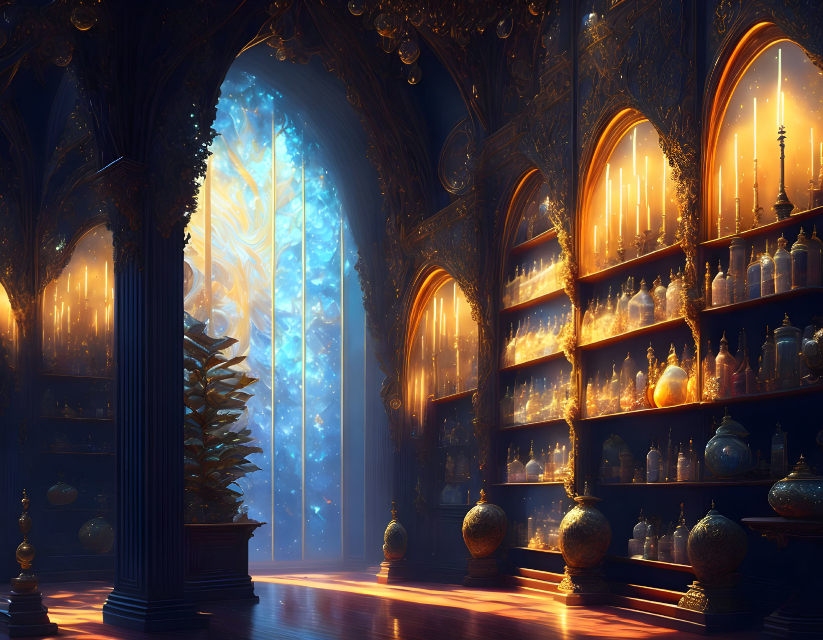 Mystical library with glowing bottles, tree, and starry window