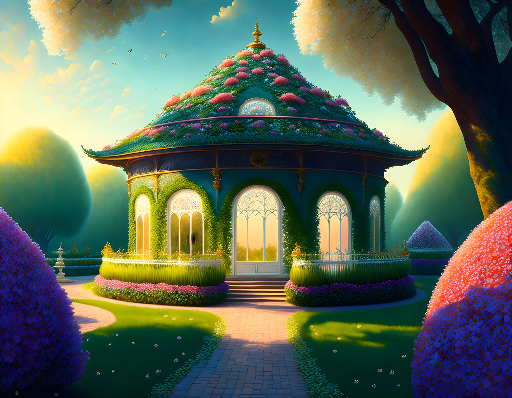 Ornate pavilion in vibrant fantasy garden at sunset