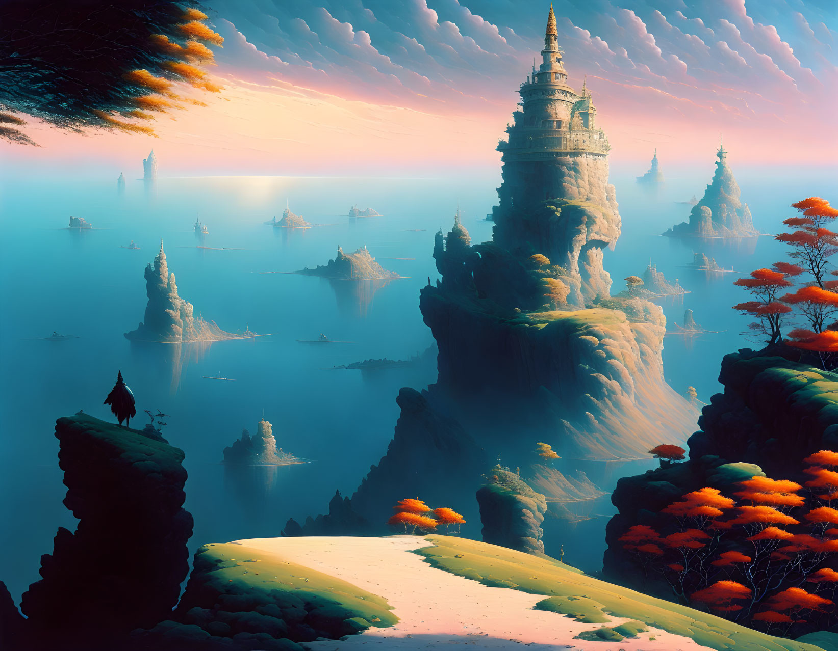 Fantastical landscape with towering rock pillars and ancient structures in a cloudy sky