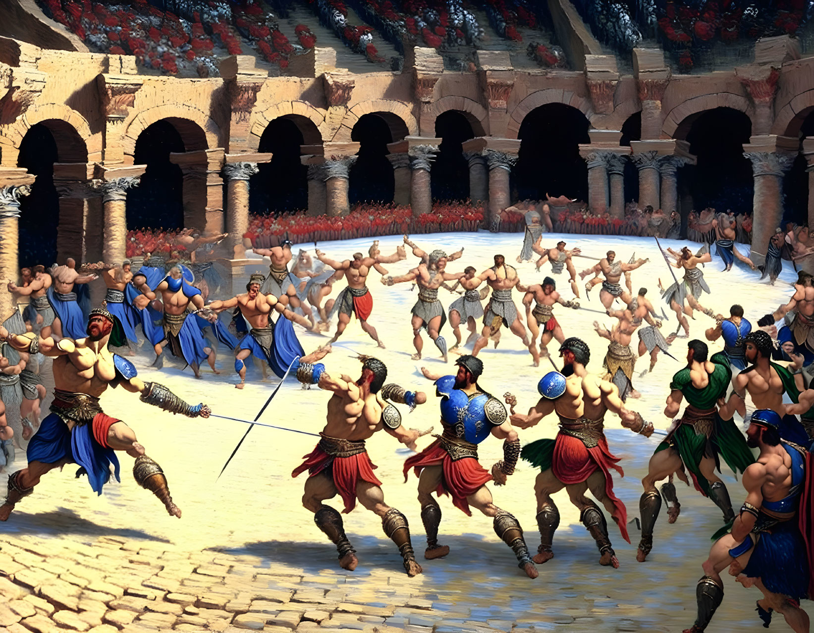 Ancient Roman arena with gladiators in fierce battle