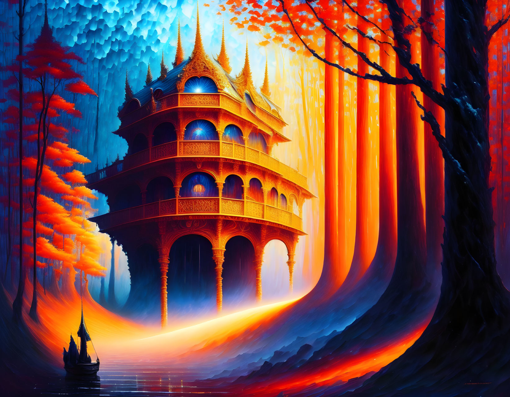 Digital artwork: Multi-tiered fantasy palace in mystical forest with fiery hues and boat approaching