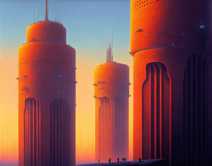 Futuristic orange towers under twilight sky with tiny silhouettes.