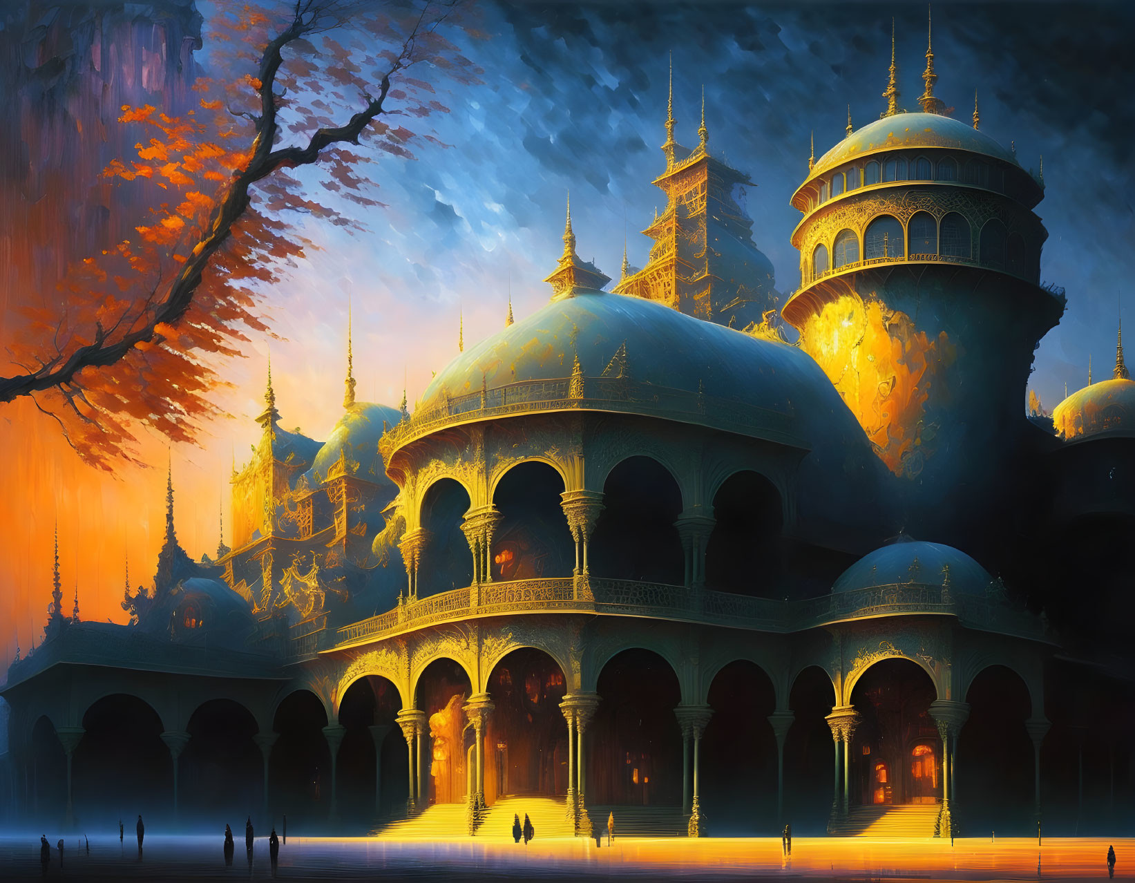 Ornate palace with domes, twilight sky, silhouettes, glowing lanterns, and