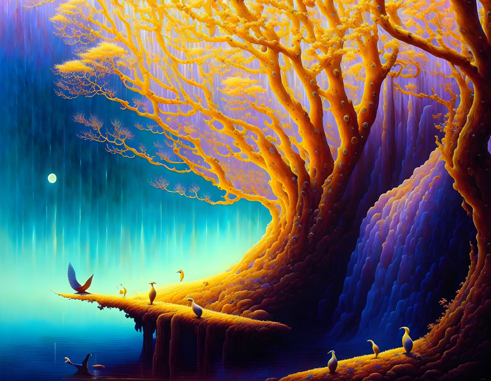 Fantastical landscape with luminous tree and blue lake