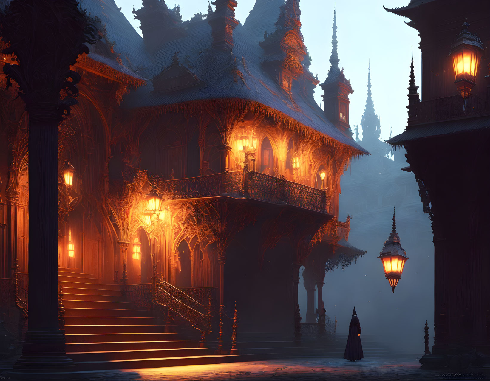 Ornate old-world building with lanterns and cloaked figure on grand staircase