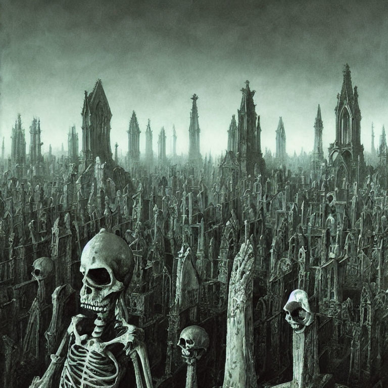 Macabre landscape with skeletons and gothic ruins under gloomy sky