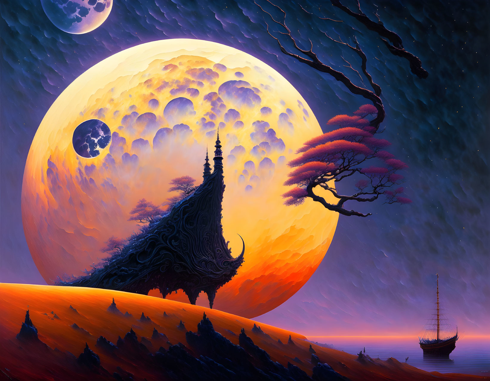 Fantastical landscape with large and small moons, ornate tower, lone tree, and ship under