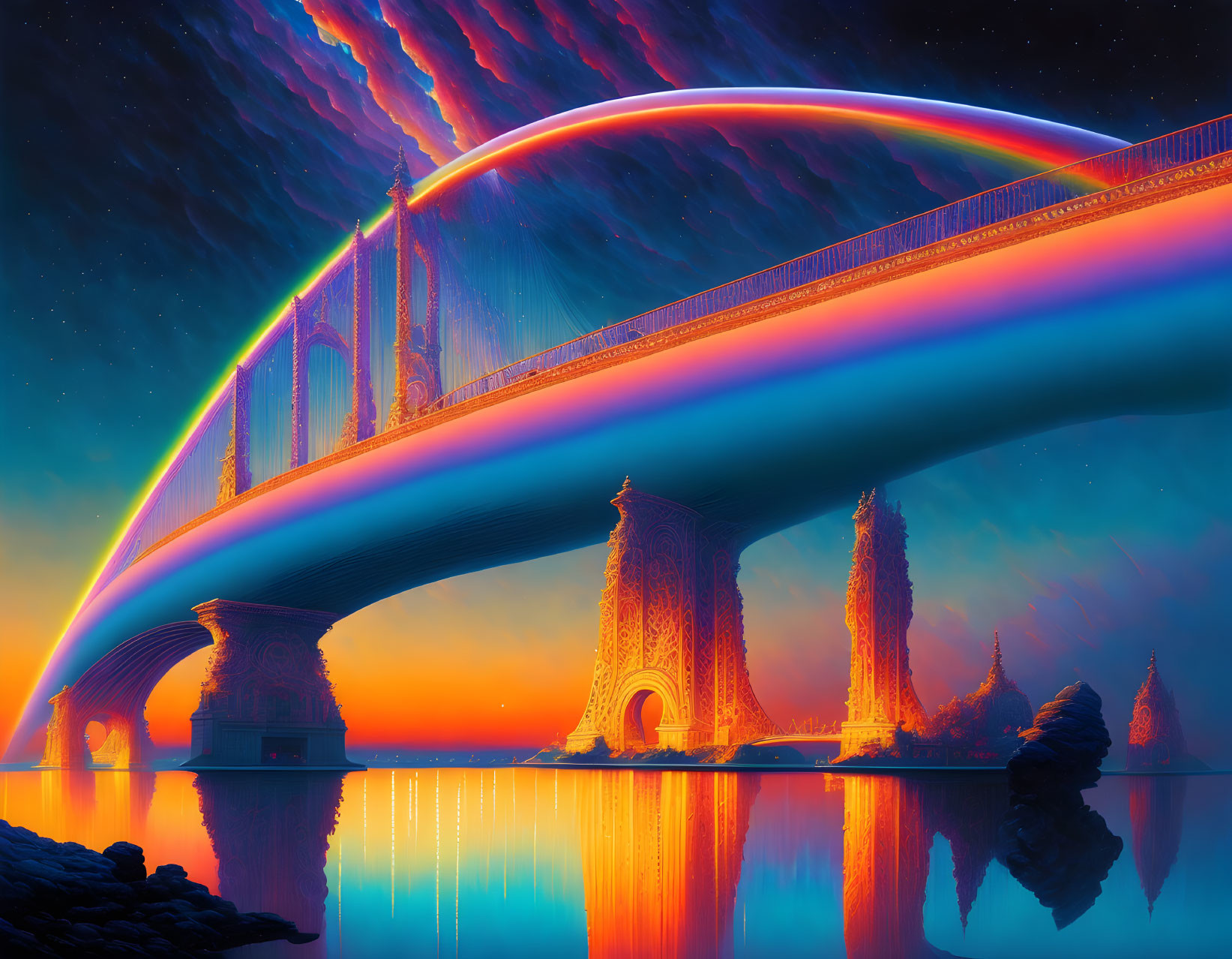 Colorful arched bridge over calm water under vibrant sky