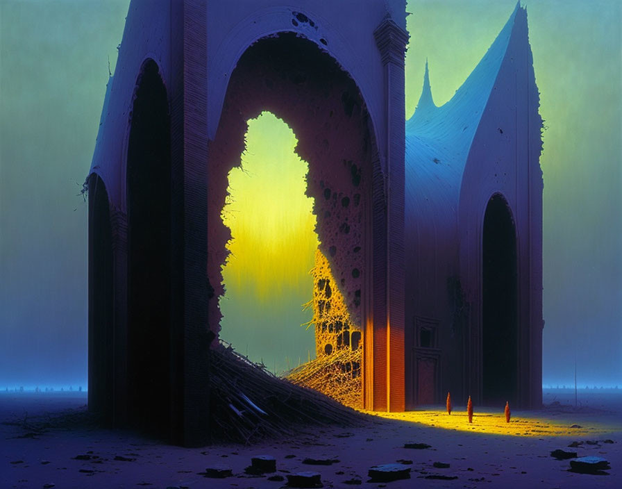 Digital Artwork: Otherworldly Structure with Tall Spires and Glowing Entrance