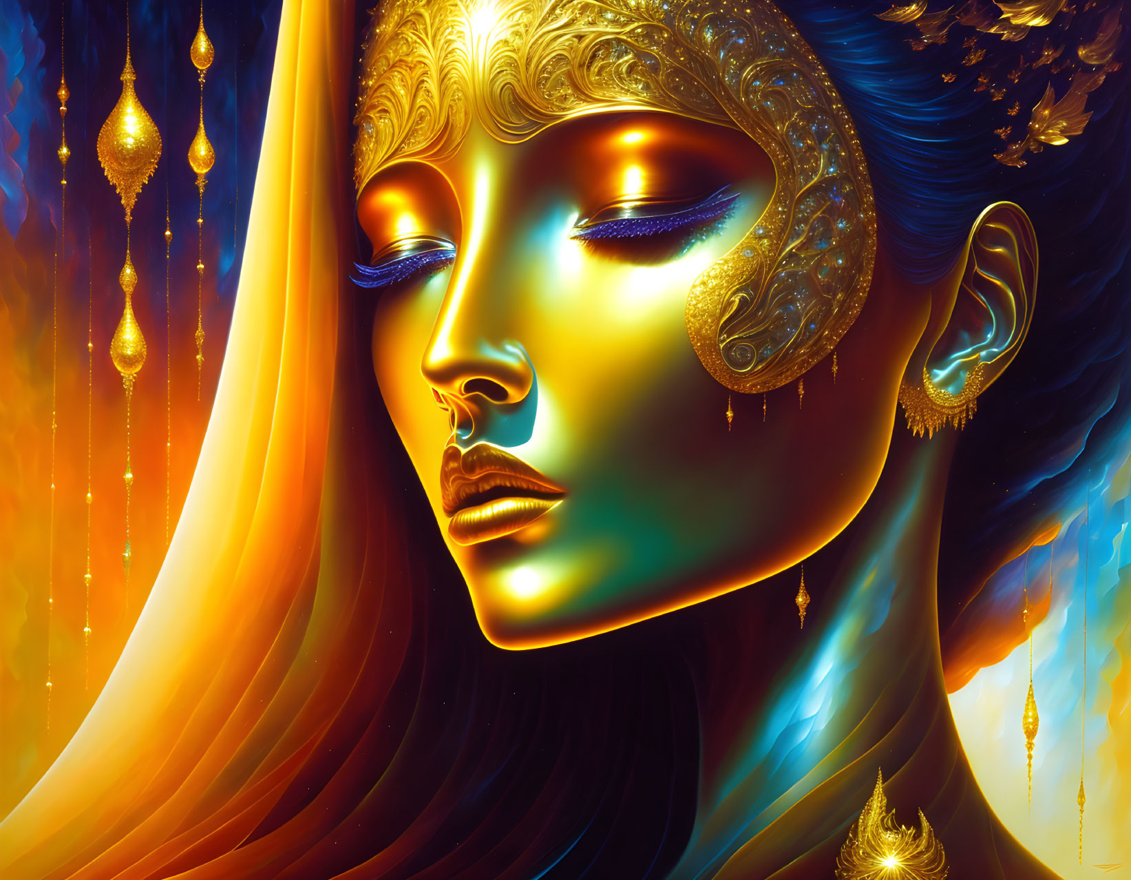 Colorful digital art: Woman with golden skin and ornate jewelry in whimsical setting