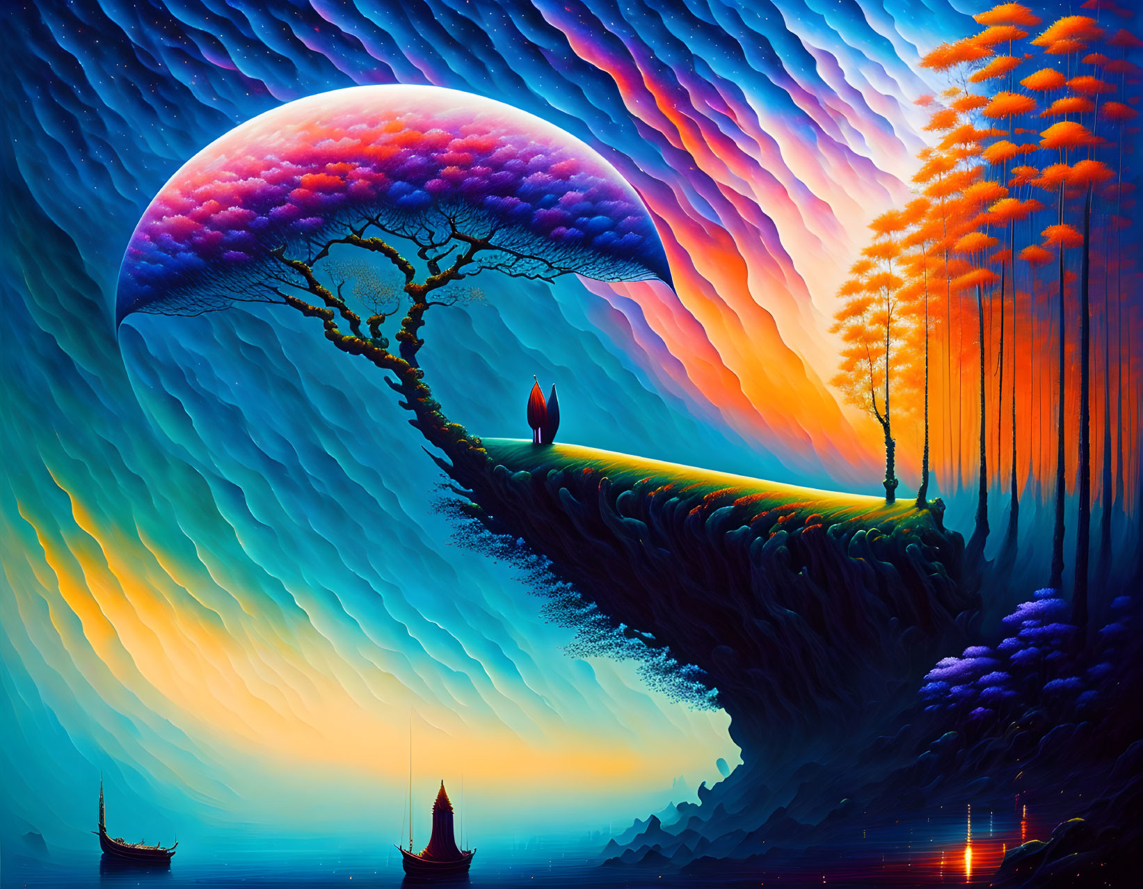 Colorful surreal landscape with moon, sky waves, tree, figures, and boats