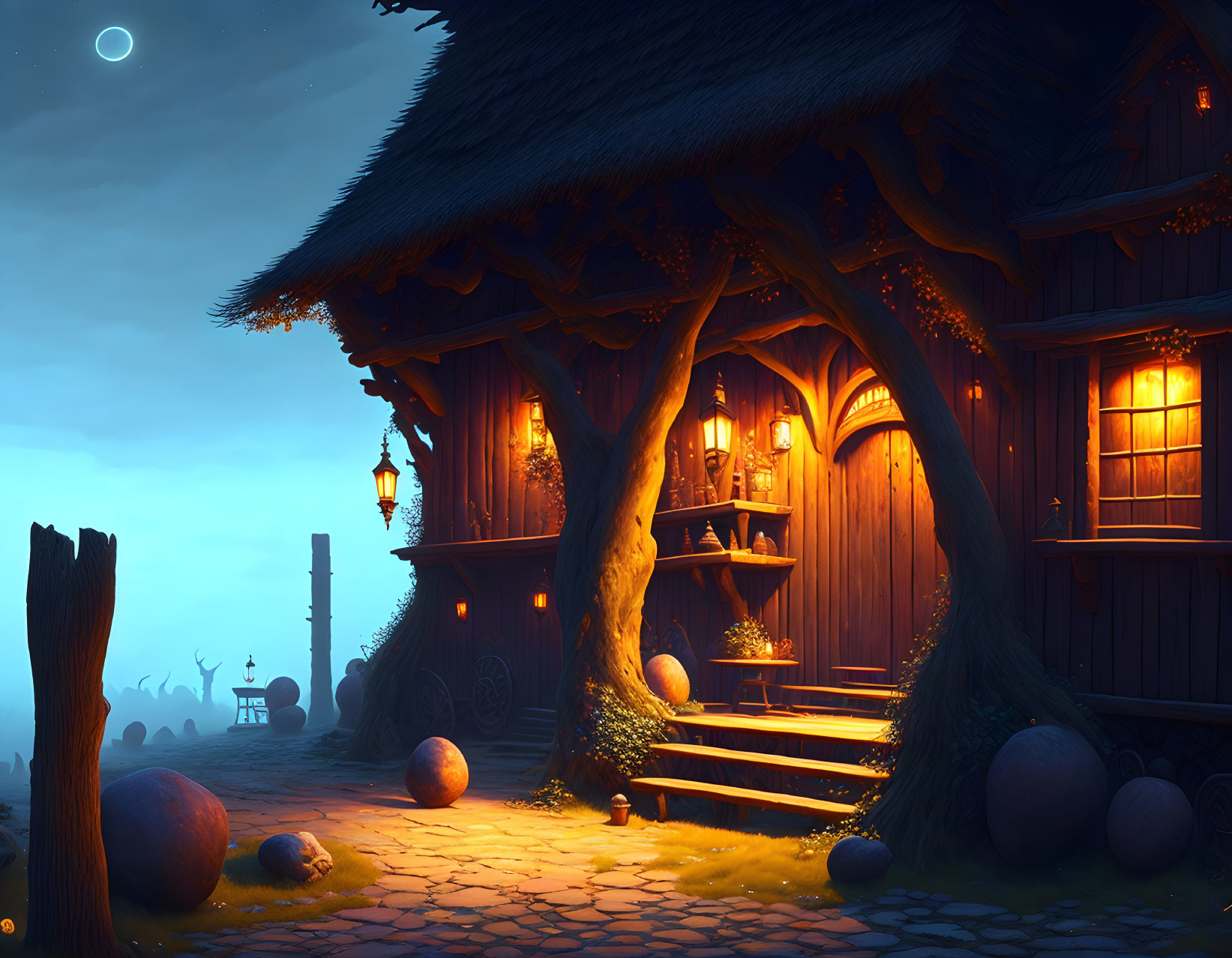 Illuminated cottage at dusk with pumpkins, autumn trees, and crescent moon