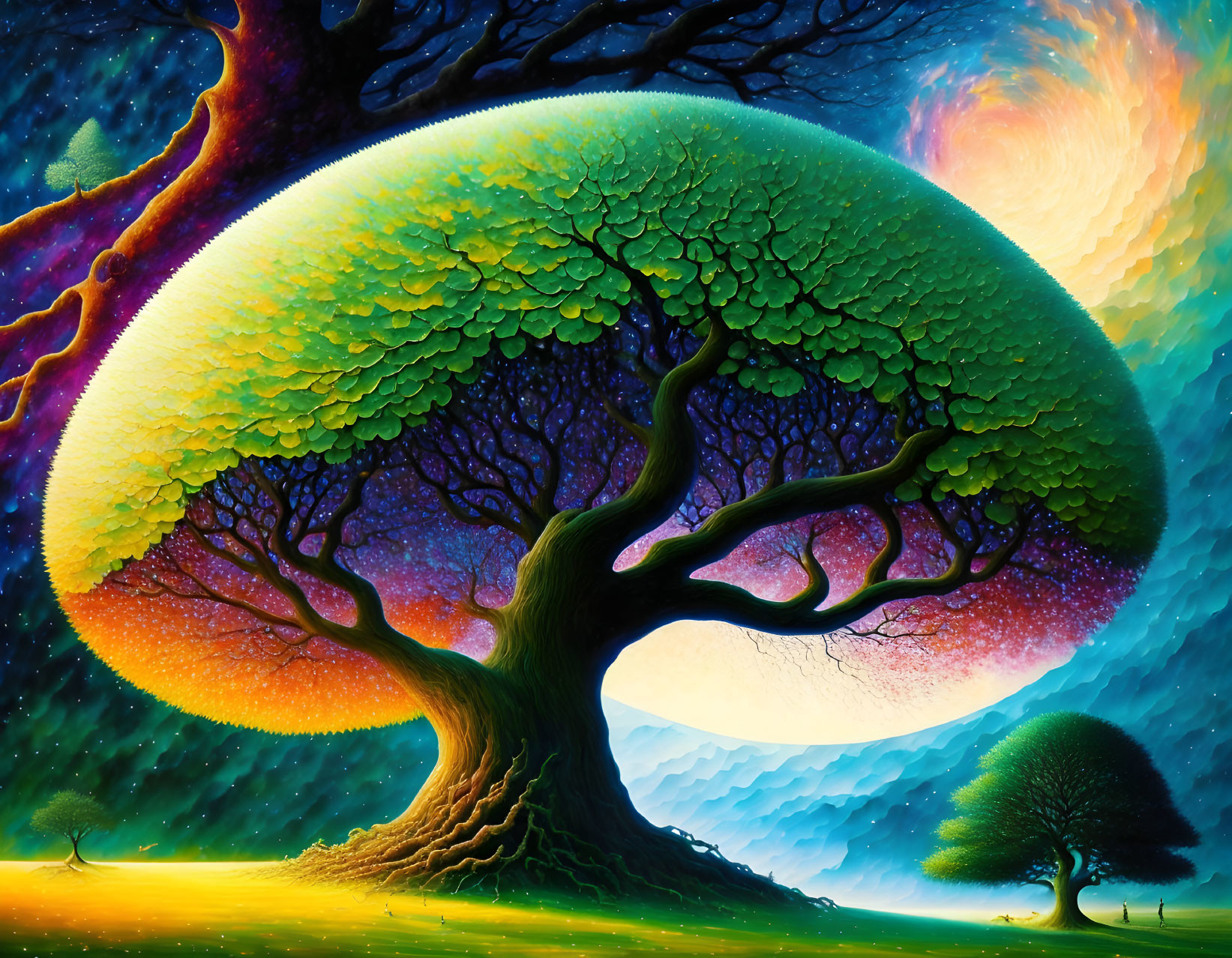 Fantastical tree illustration with vibrant colors in dreamlike landscape